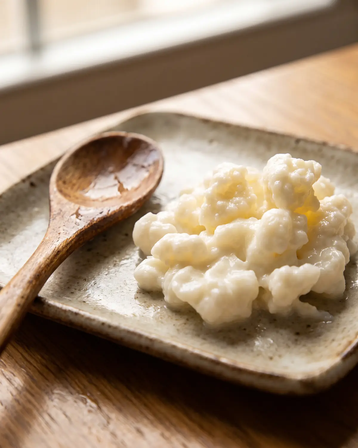 colazione con kefir e avena Cucchiaio di legno umido appoggiato vuoto, con grani di kefir sfocati su un piatto quadrato.