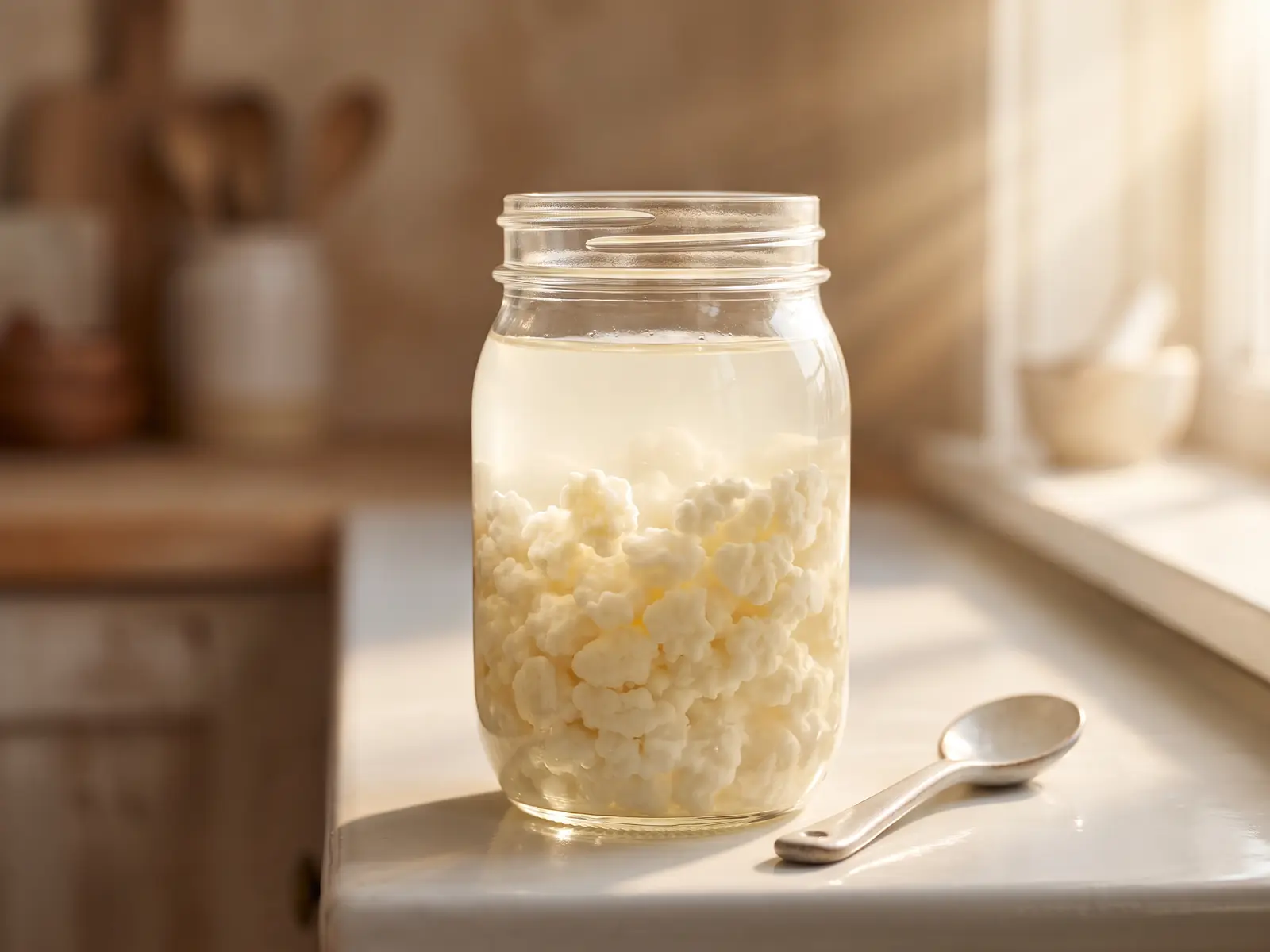 i granuli di kefir si possono mangiare Barattolo di kefir di latte su un davanzale bianco all’alba, con granuli sospesi e luce radente.
