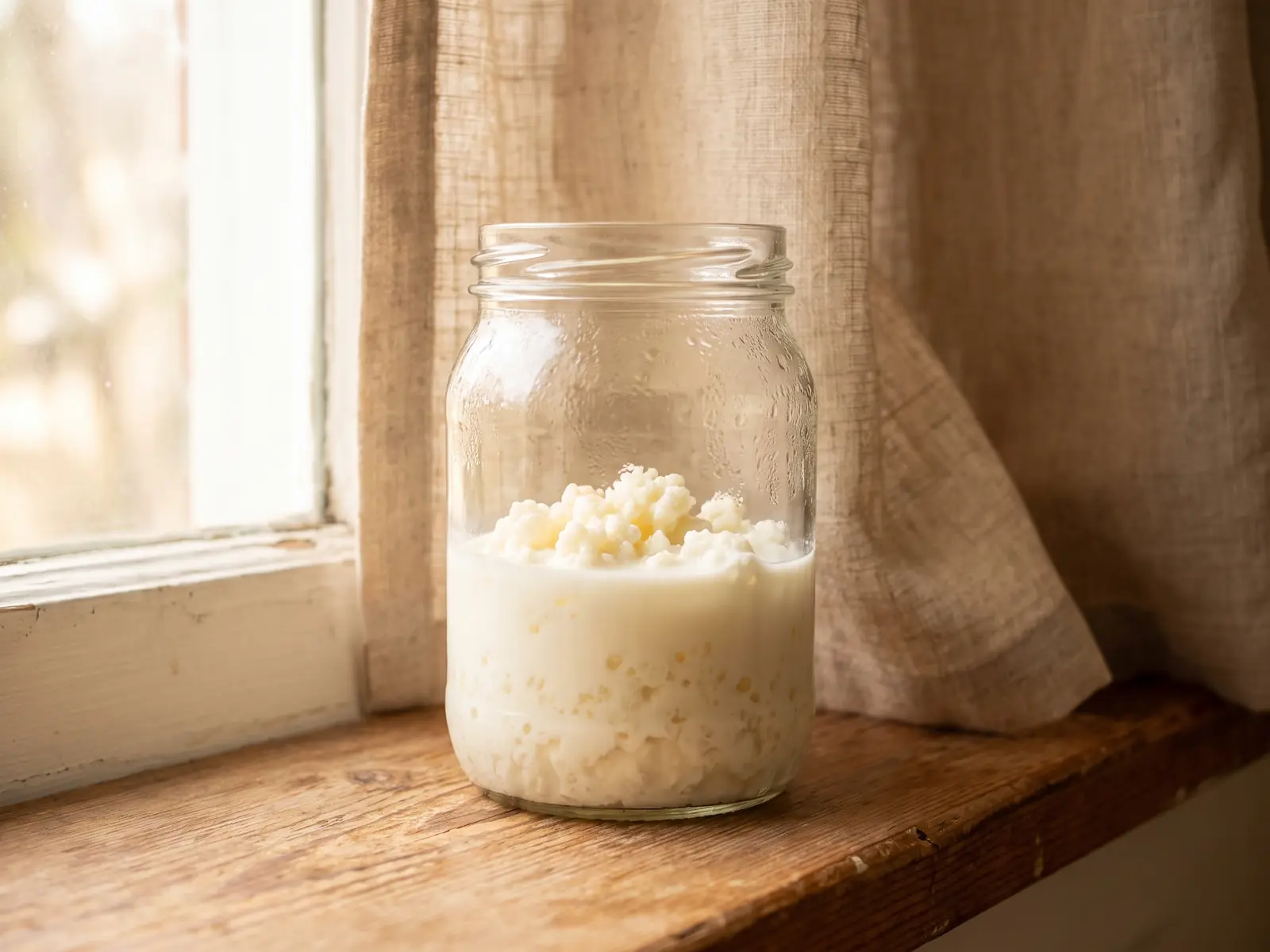 il kefir fa bene al colesterolo Barattolo di kefir di latte sul davanzale al mattino, con grani sospesi e tenda di lino chiaro.