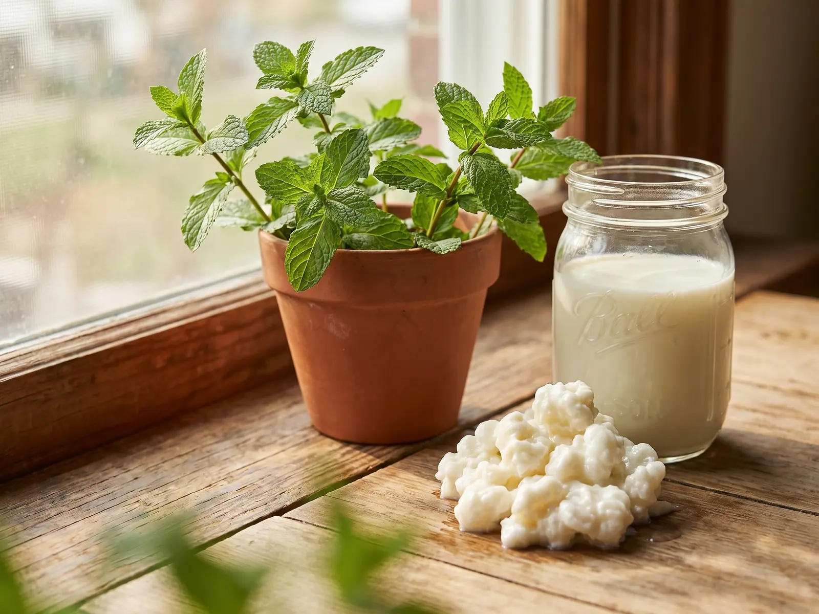 kefir da bere benefici Barattolo di kefir di latte con grani su un davanzale, accanto a una pianta di menta e luce naturale.
