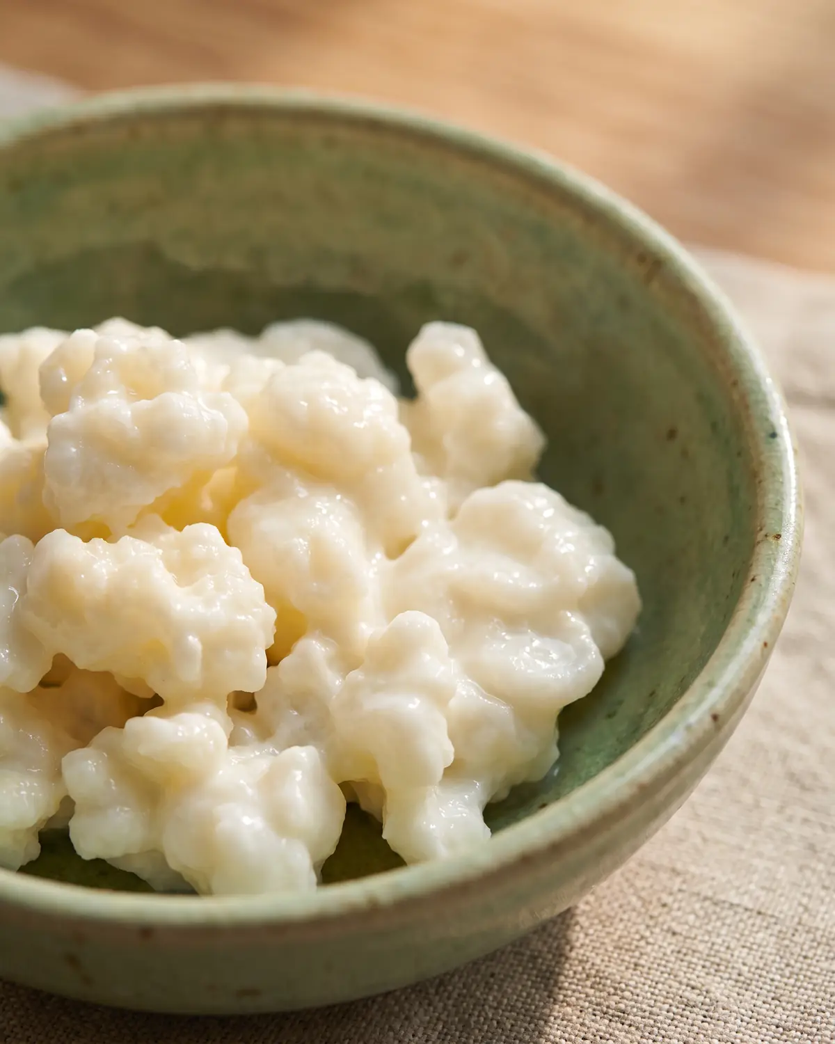 Dettaglio macro dei grani di kefir lucidi, con solchi simili a cavolfiore su ceramica verde chiara