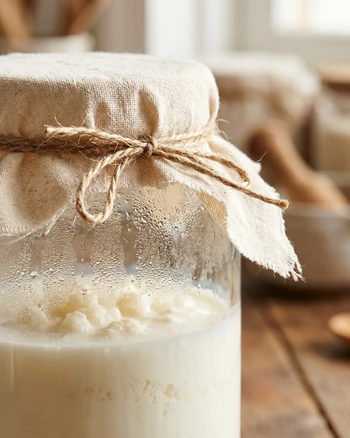 kefir e reflusso Dettaglio del panno di cotone legato al barattolo, con kefir di latte bianco visibile nel vetro.