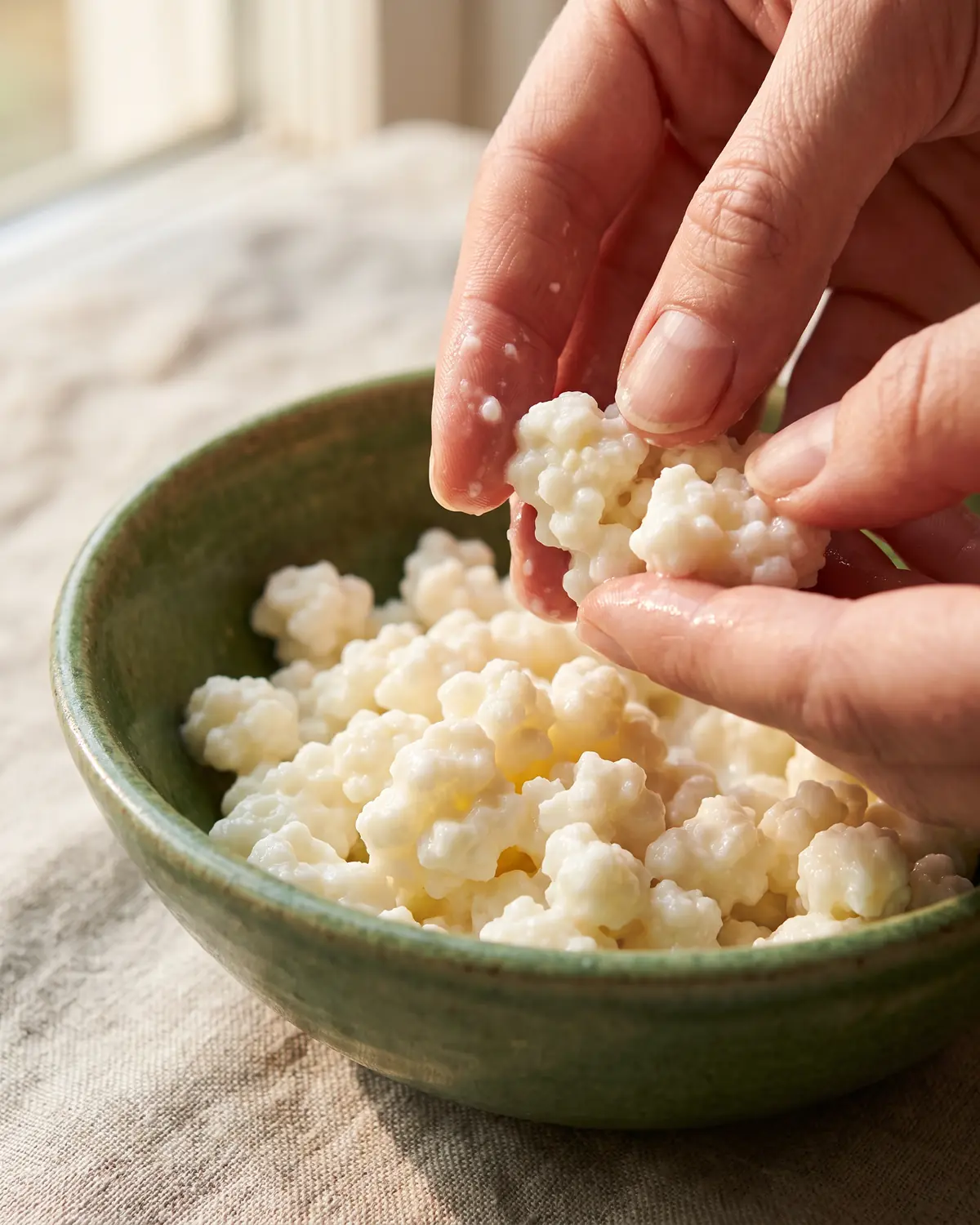 kefir e acidita di stomaco Dita che separano grani umidi di kefir in una ciotola verde, con lino morbido fuori fuoco.