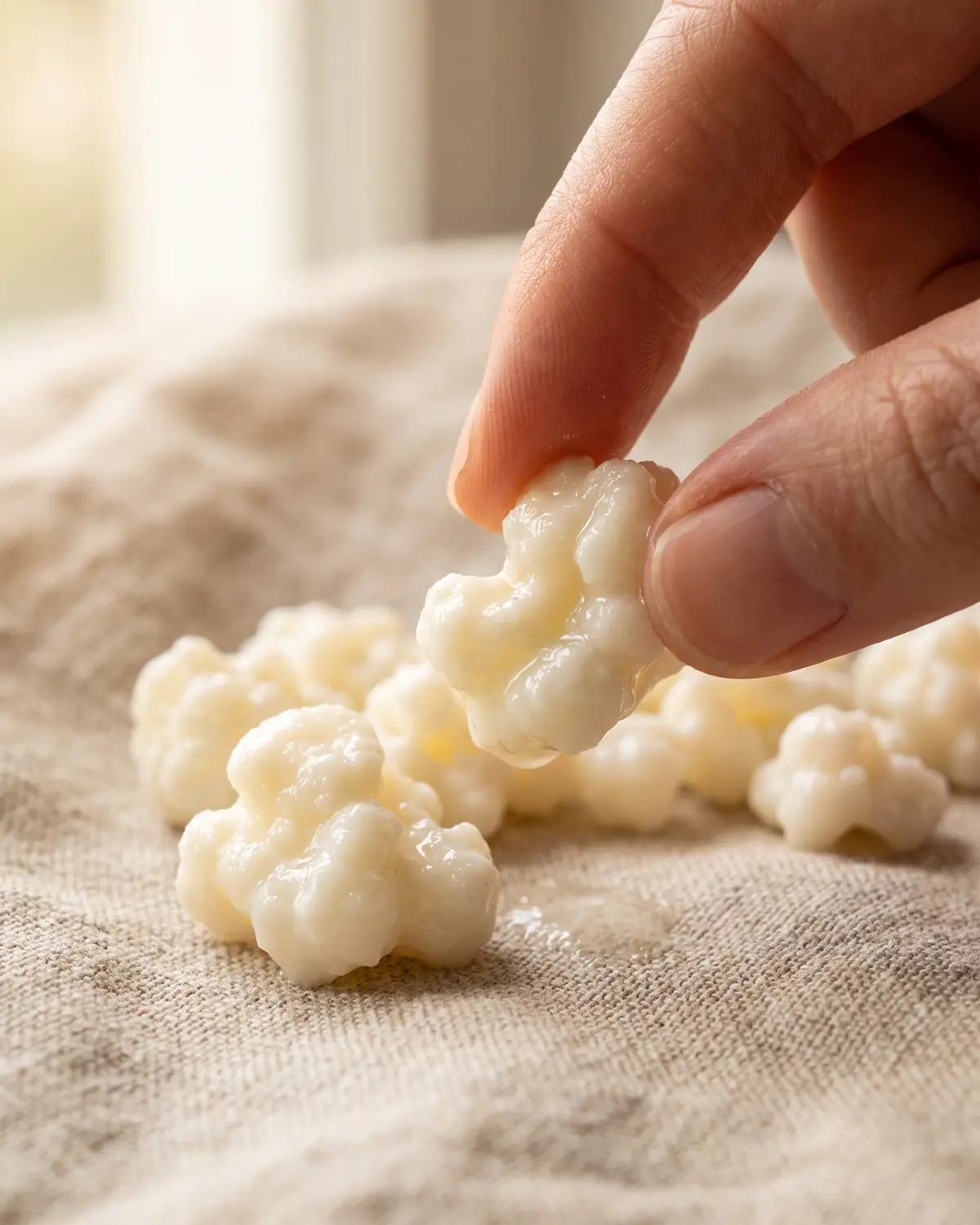 kefir dieta chetogenica Due dita sollevano un granulo di kefir irregolare e lucido, con texture simile al cavolfiore.