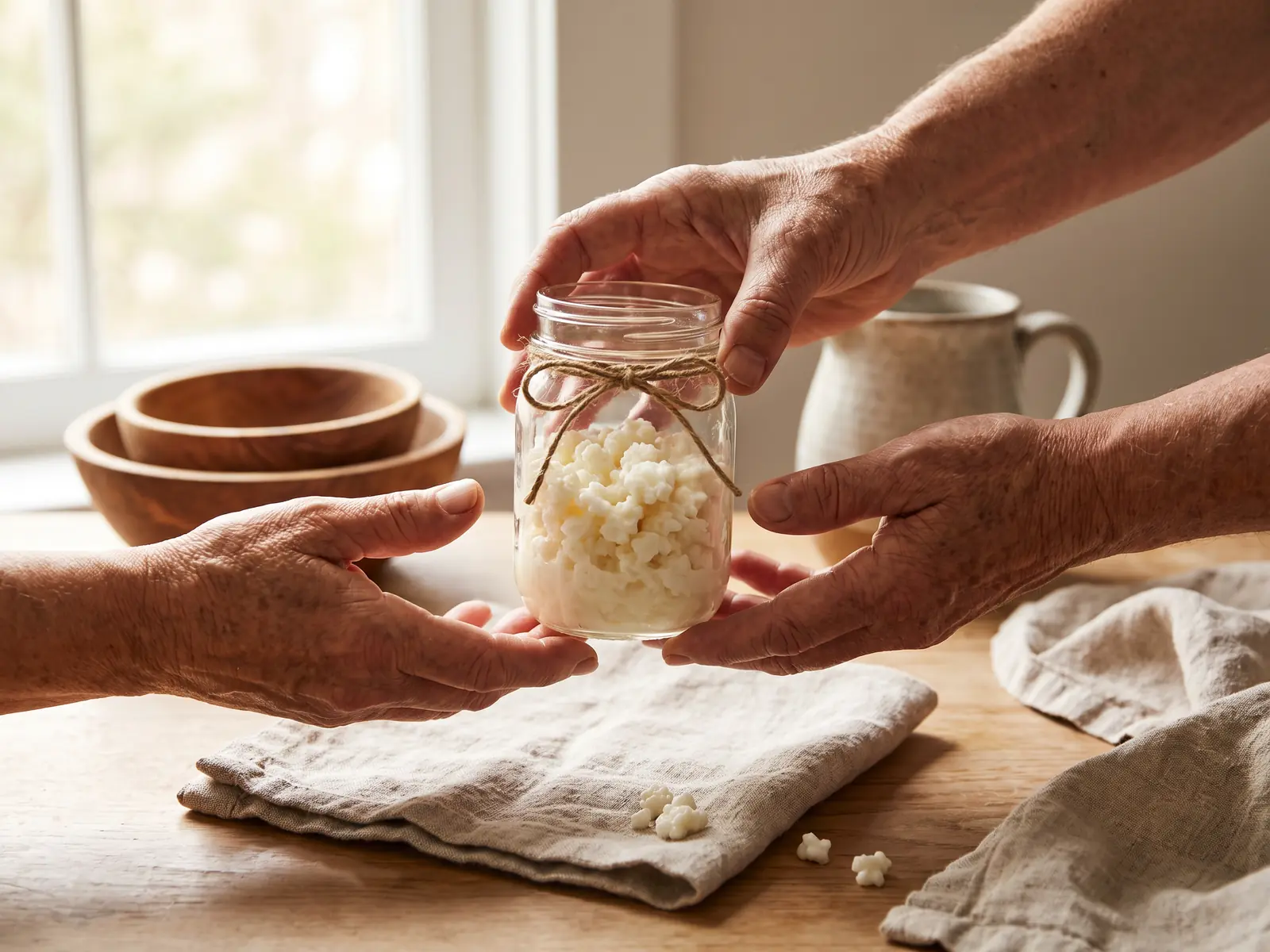 kefir sapore Due mani offrono un barattolo di kefir avvolto nel lino, con spago e grani visibili sul latte fermentato.
