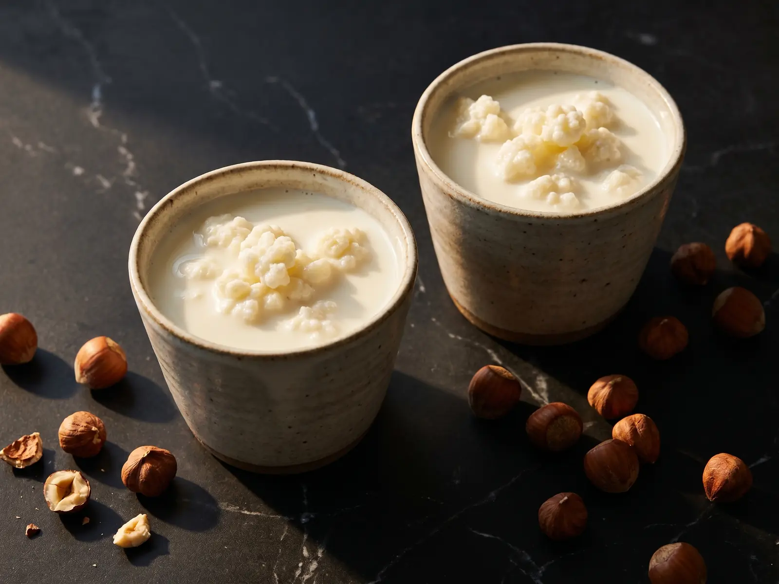 kefir di latte Due tazze di kefir di latte su marmo nero con avellane e luce naturale intensa.