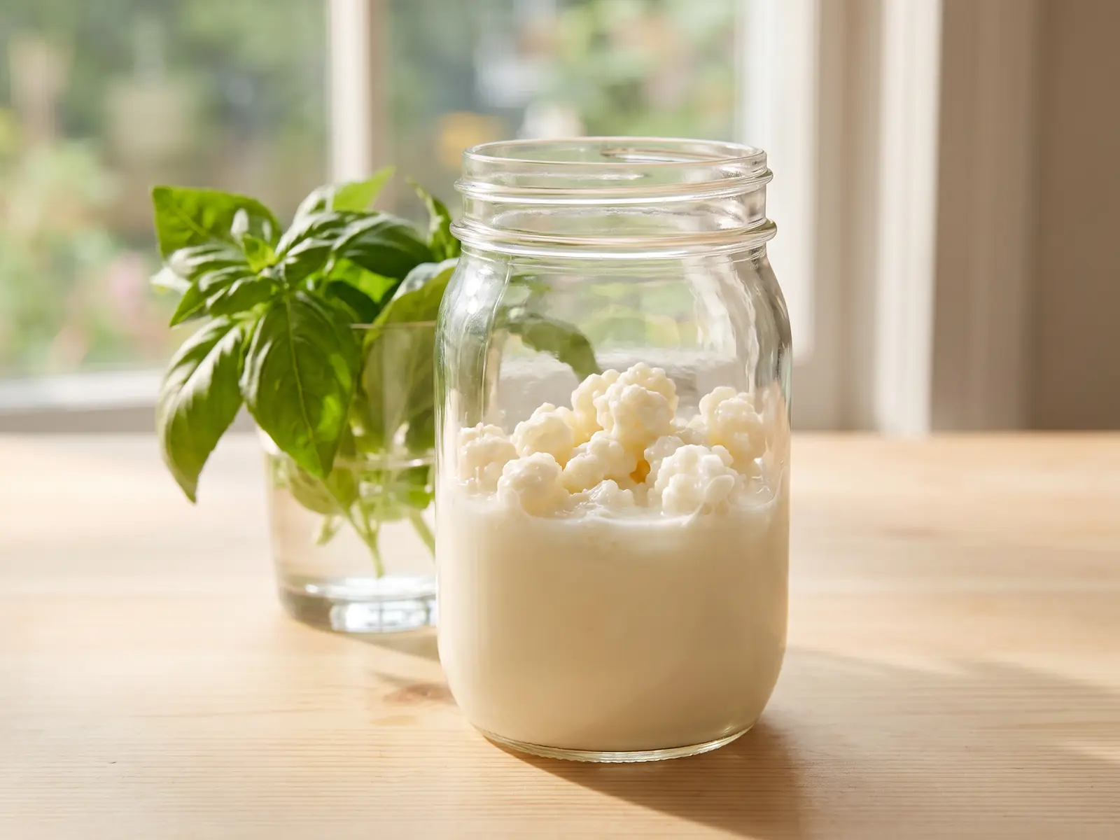 Barattolo di latte in fermentazione con grani di kefir, basilico fresco e luce estiva su legno chiaro.