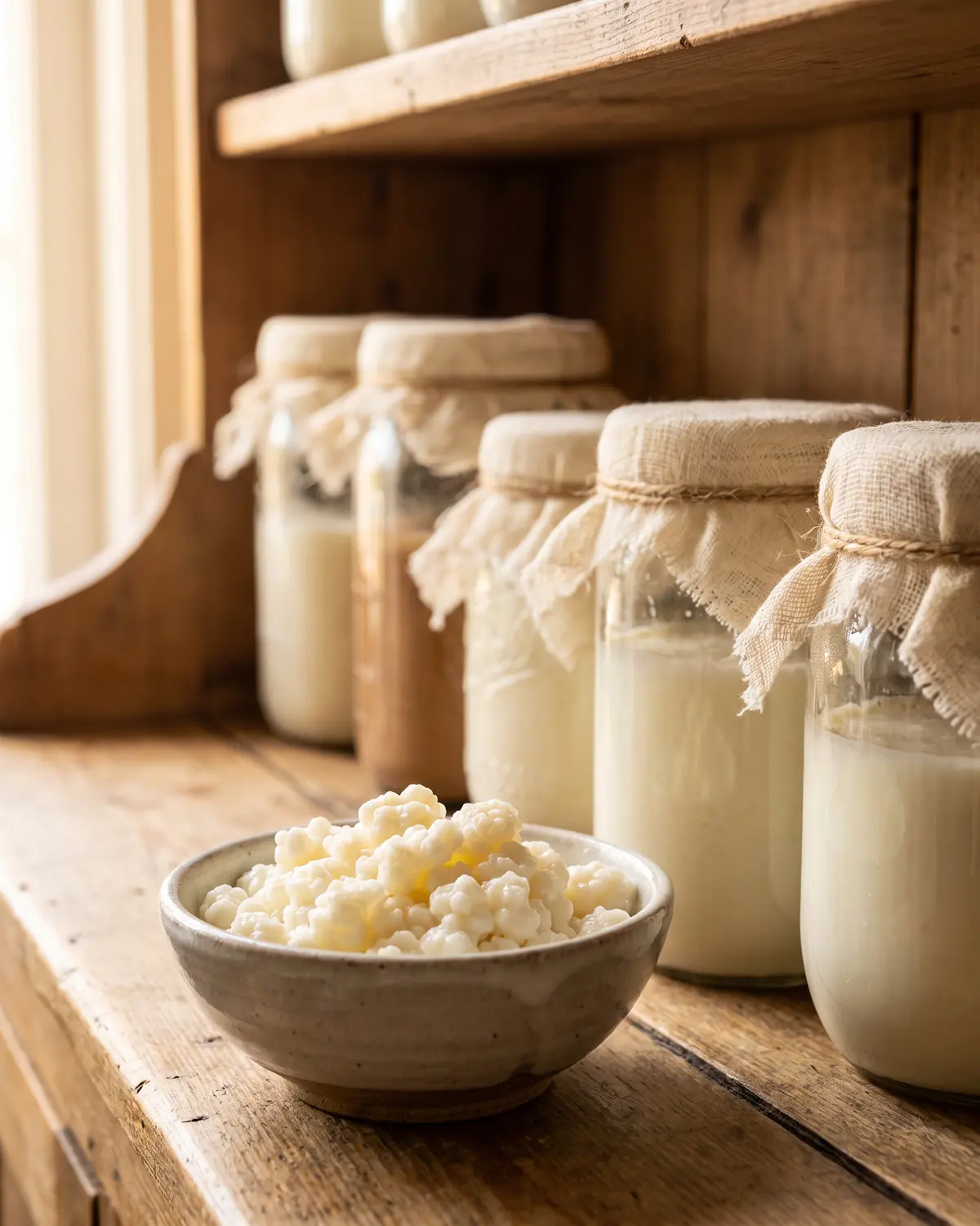 kefir italia donatori Fila di barattoli coperti su una mensola, con grani di kefir in una ciotola nella parte frontale.