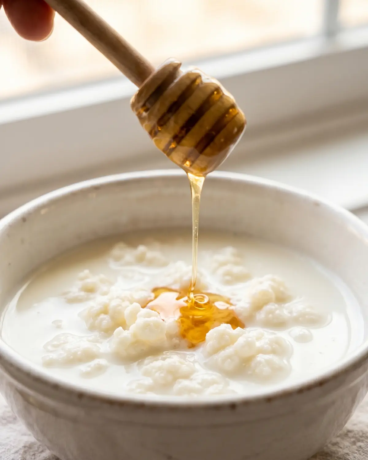 kefir prima di dormire Un filo di miele cade su kefir di latte in una ciotola bianca, con una mano appena visibile