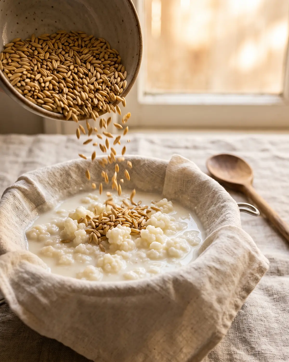 kefir di qualità Fiocchi d’avena che cadono da una ciotola in ceramica su kefir colato, con lino e finestra calda sullo sfondo.