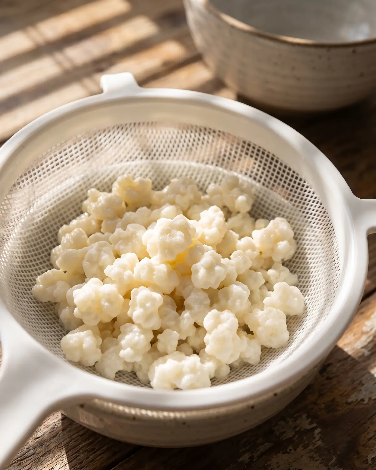 Colino bianco con granuli di kefir illuminato da ombre a strisce, dettaglio della fermentazione casalinga