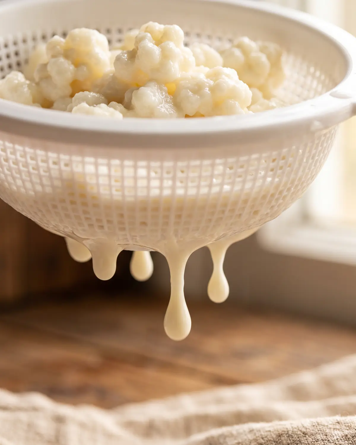comprare kefir supermercato Gocce dense di kefir filtrato pendono da un colino bianco, con i grani di latte sfocati sullo sfondo.