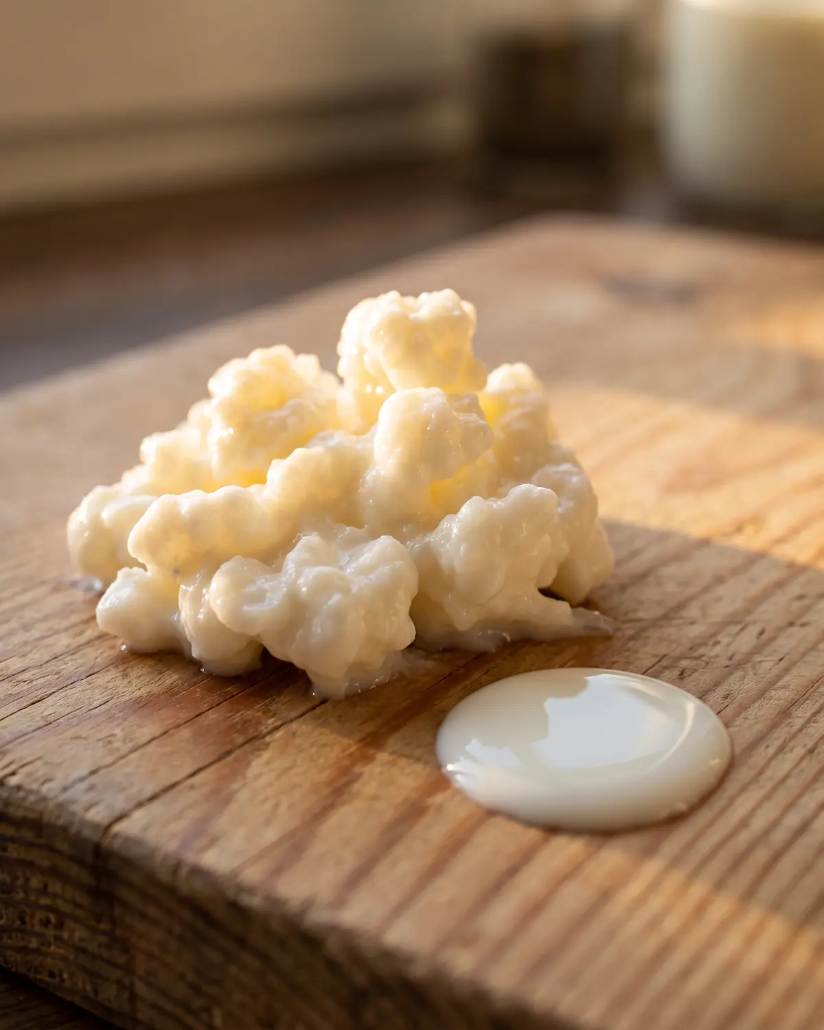 Goccia di latte su tavola di pino con un grano di kefir illuminato dalla luce calda dell&rsquo;alba.