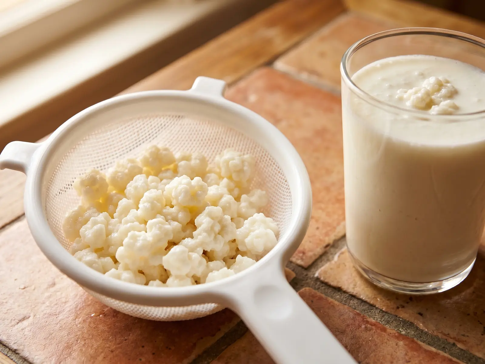 Grani di kefir raccolti in un colino bianco, con un bicchiere di kefir pronto accanto.