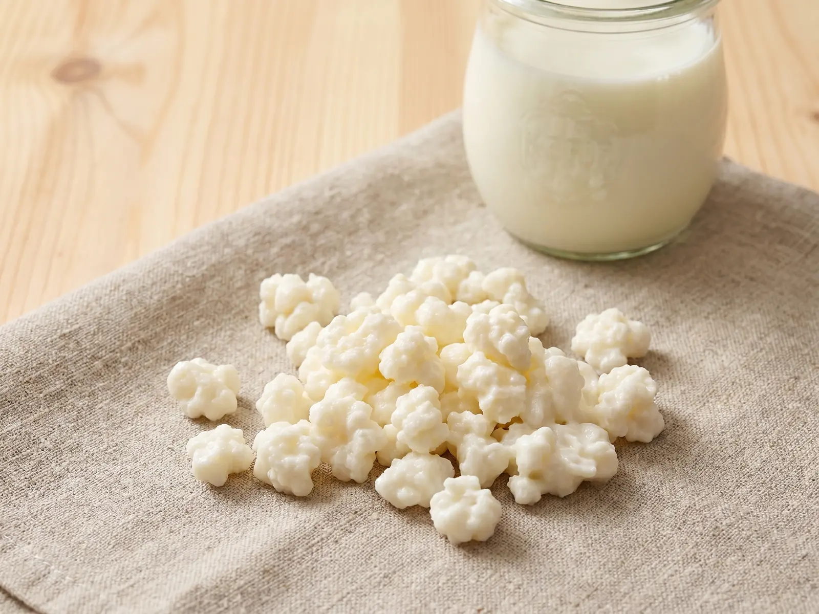 kefir e acidita di stomaco Granuli di kefir color crema su lino grezzo, con un barattolo di latte sfocato sullo sfondo.