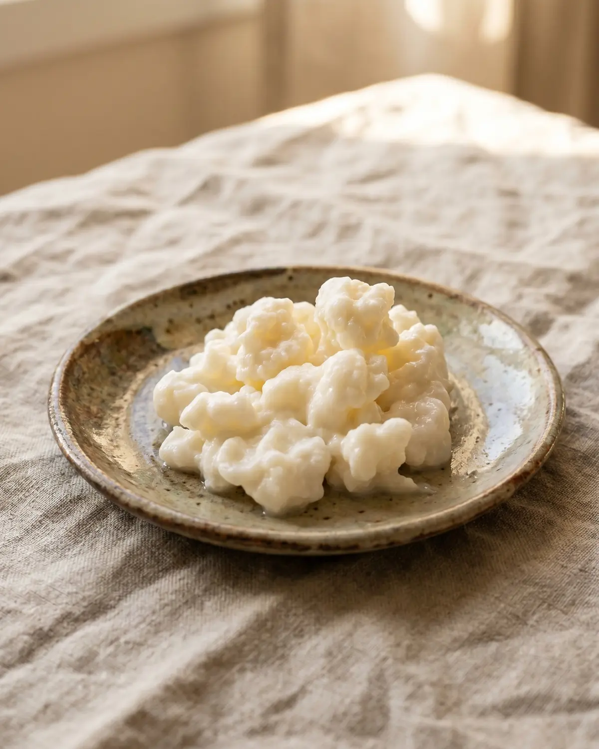 i fermenti lattici contengono lattosio Granuli irregolari di kefir su un piattino in ceramica, con lino grezzo e luce morbida laterale.