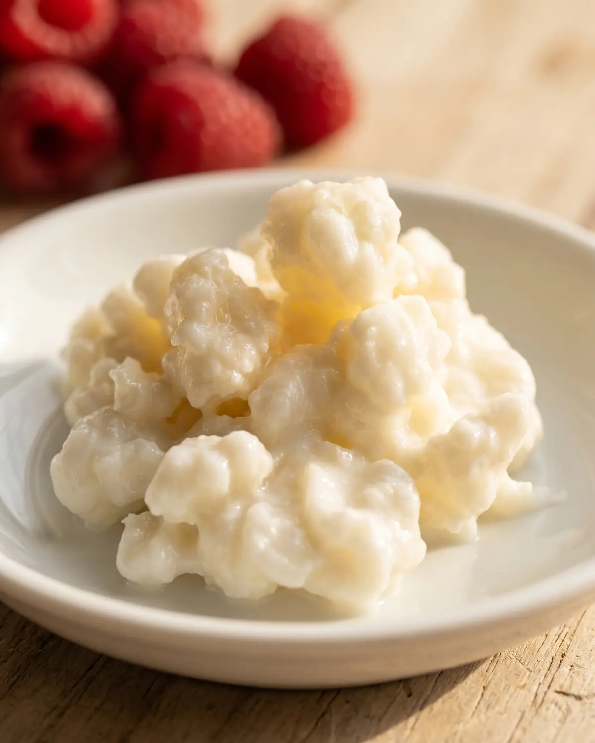 Grani di kefir su un piattino bianco con lamponi sullo sfondo, ripresi da vicino su legno chiaro.