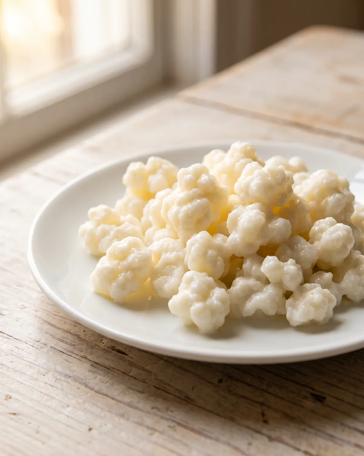 Grani di kefir su un piattino bianco con lamponi sullo sfondo, ripresi in macro su legno chiaro