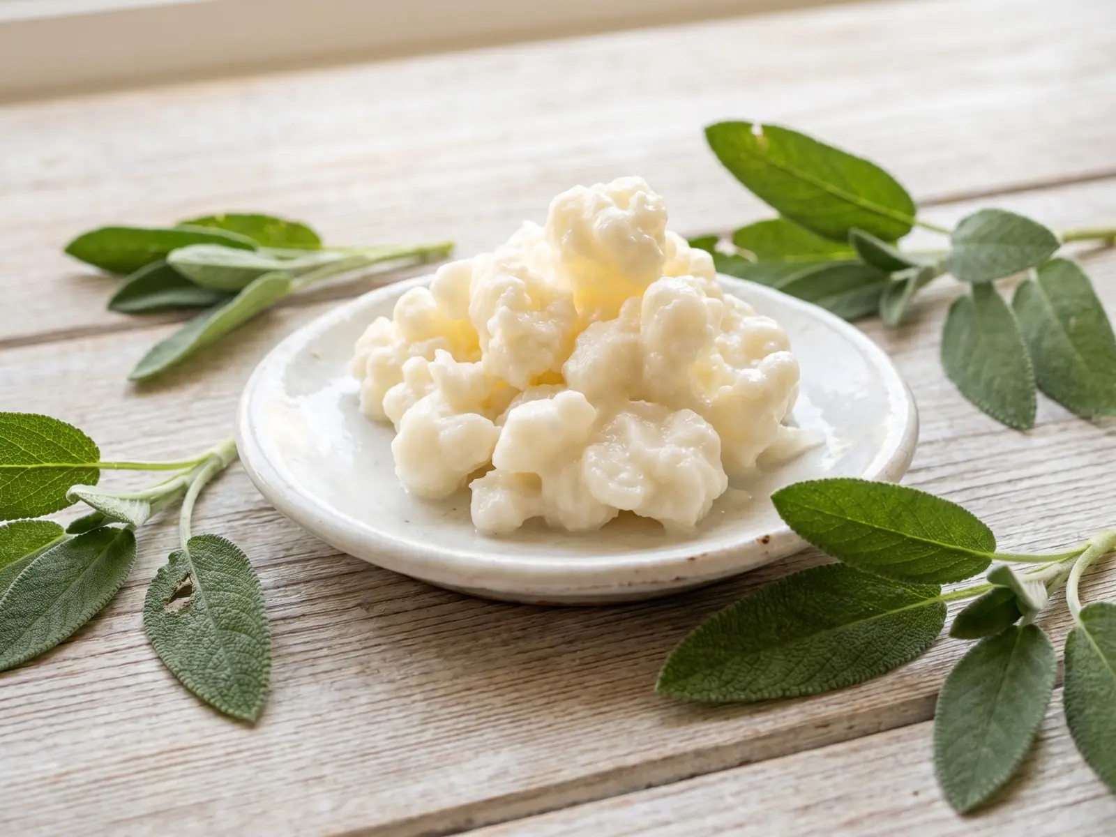 kefir e istamina Granuli irregolari di kefir su un piattino bianco con foglie di salvia e legno chiaro sullo sfondo