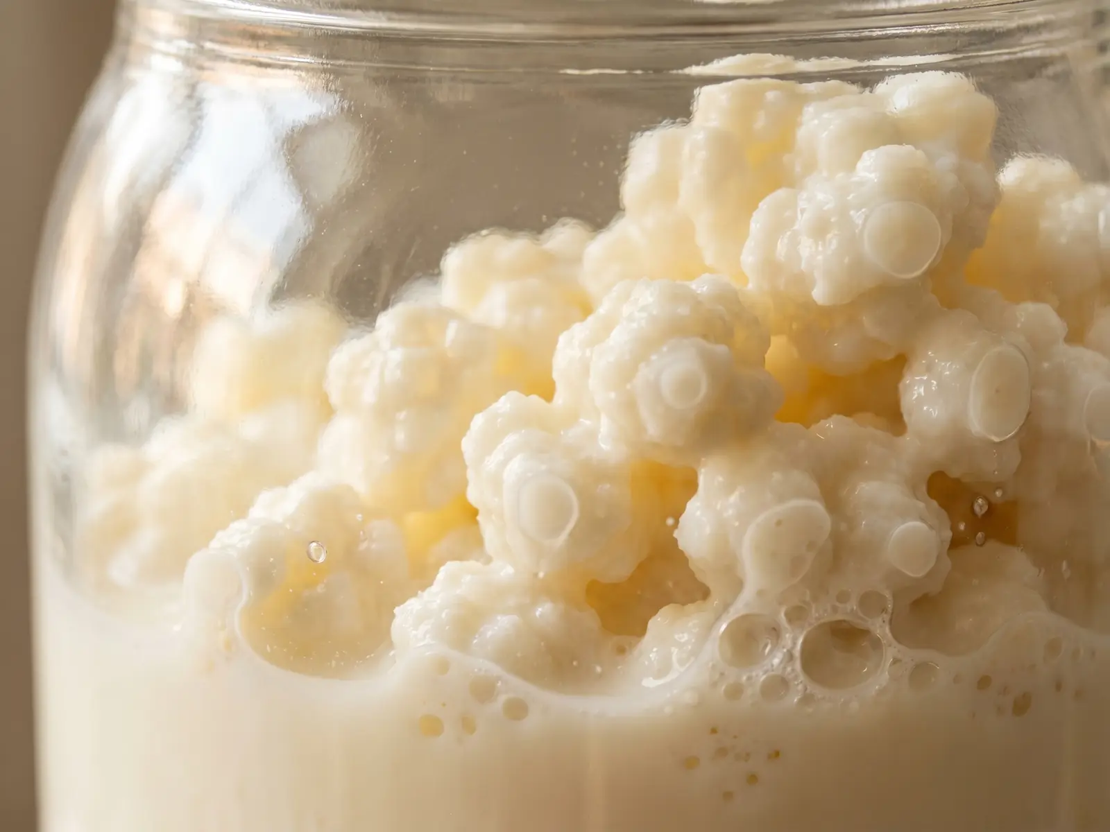 kefir per reflusso Grani di kefir di latte aderenti al vetro del barattolo, con latte cremoso e piccole bolle visibili.