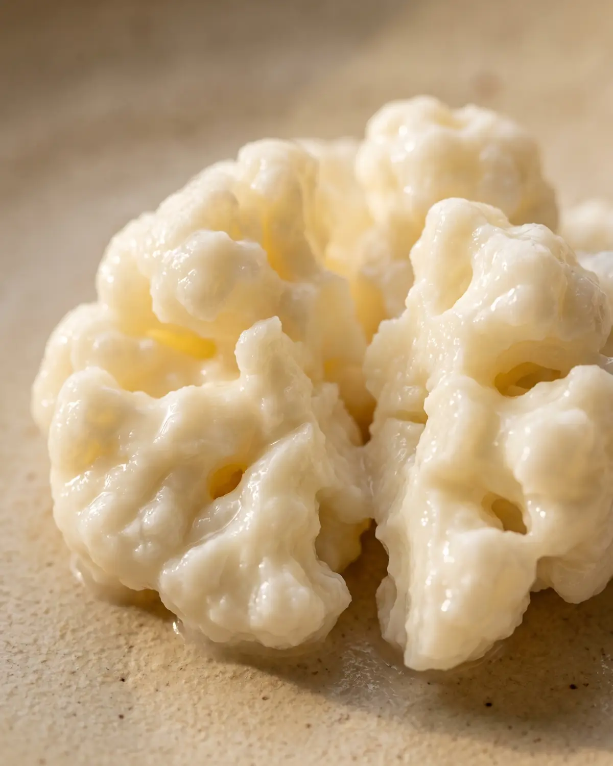 kefir quanto al giorno Macro di un grano di kefir di latte aperto, con pieghe irregolari e superficie umida su ceramica opaca.