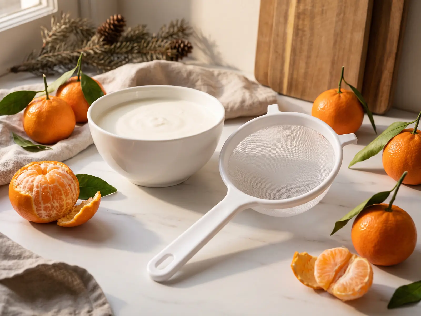 Kefir di latte colato in una ciotola, con clementine e colino bianco su marmo chiaro in scena invernale.