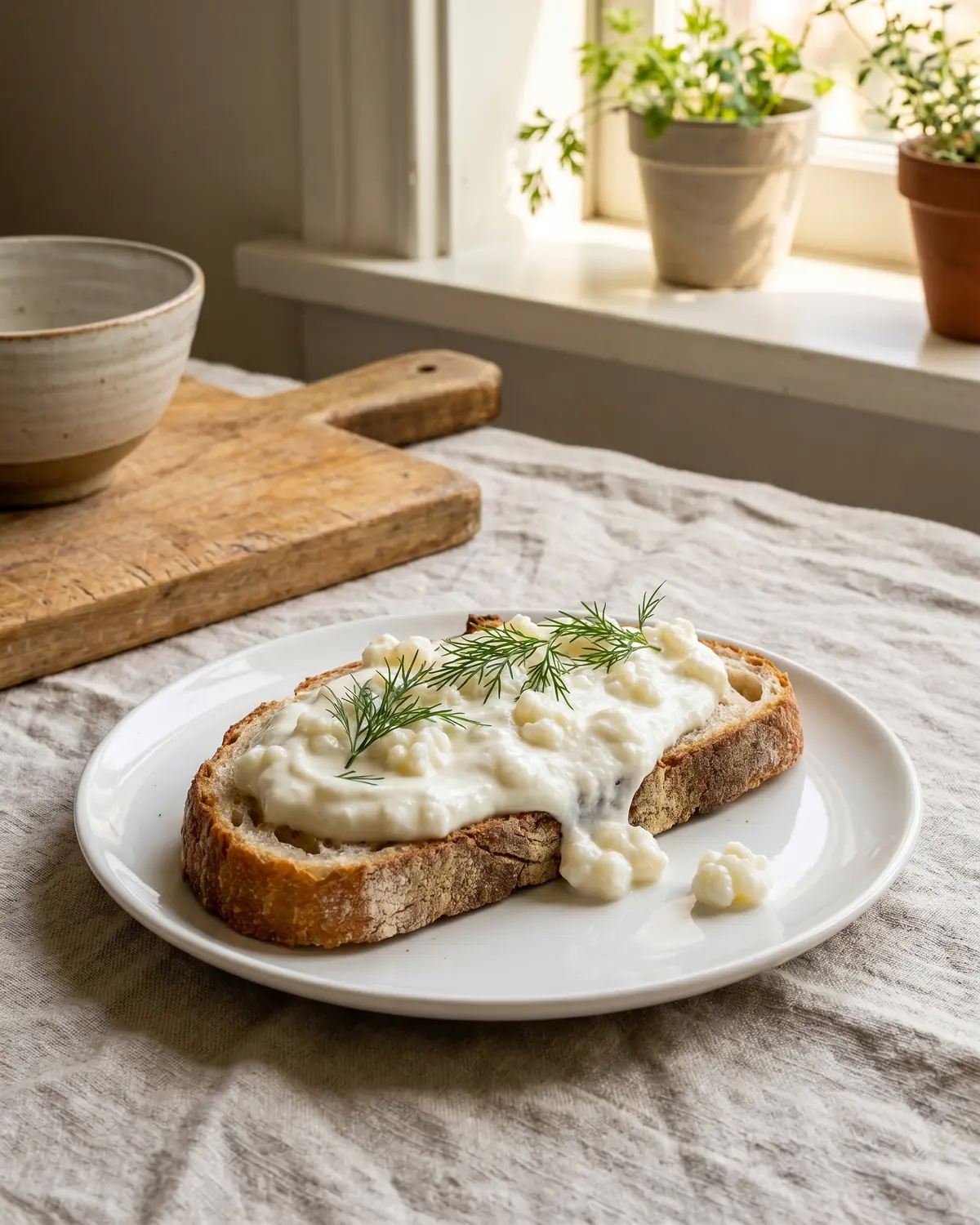 intolleranza ai fermenti lattici Kefir denso con aneto fresco spalmato su pane rustico, servito su piatto bianco con lino grezzo.