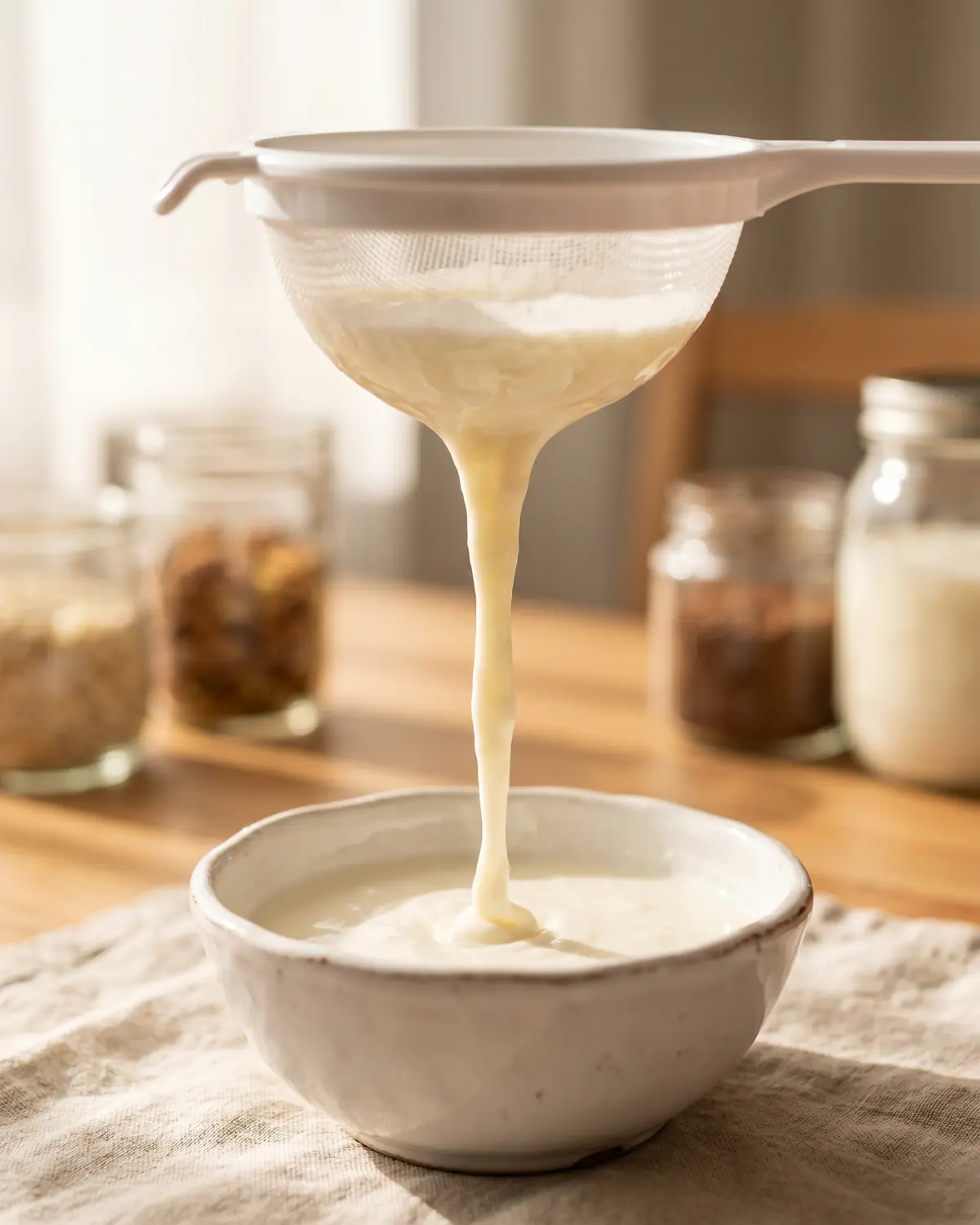 kefir candida Kefir di latte colato che scende denso da un colino bianco verso una ciotola di ceramica