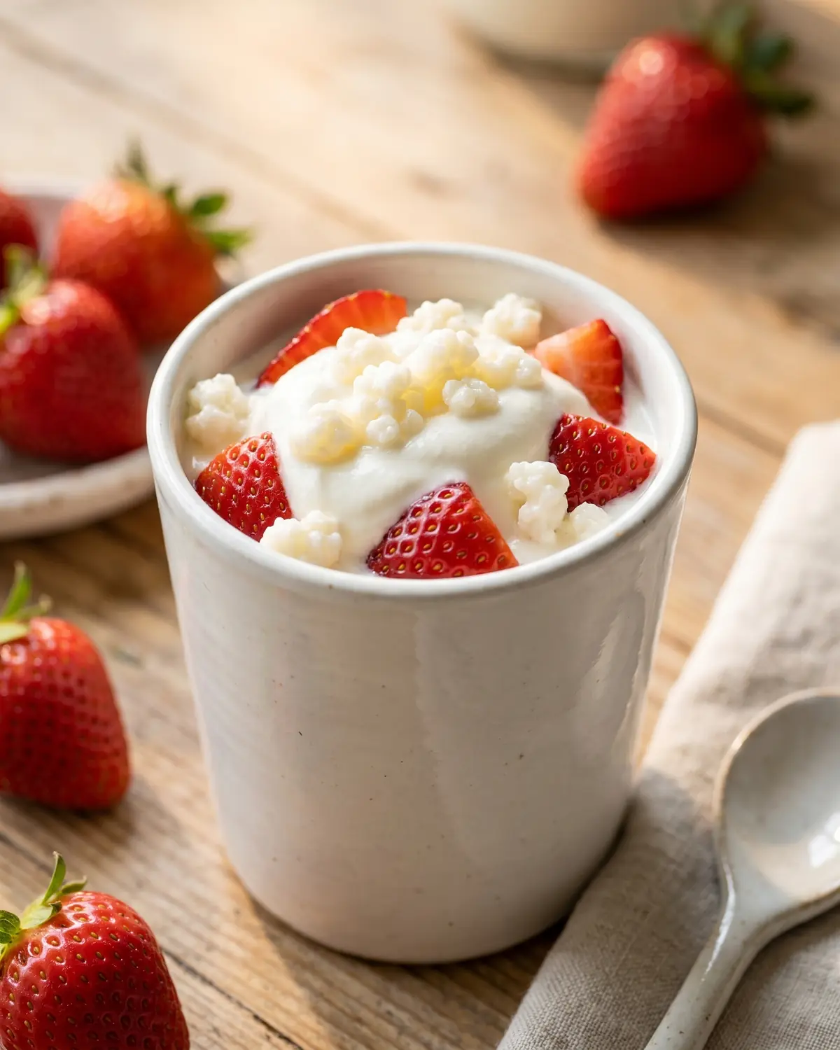 fermentati Kefir frullato con fragole in un vaso ceramico bianco, con semi visibili e luce estiva.