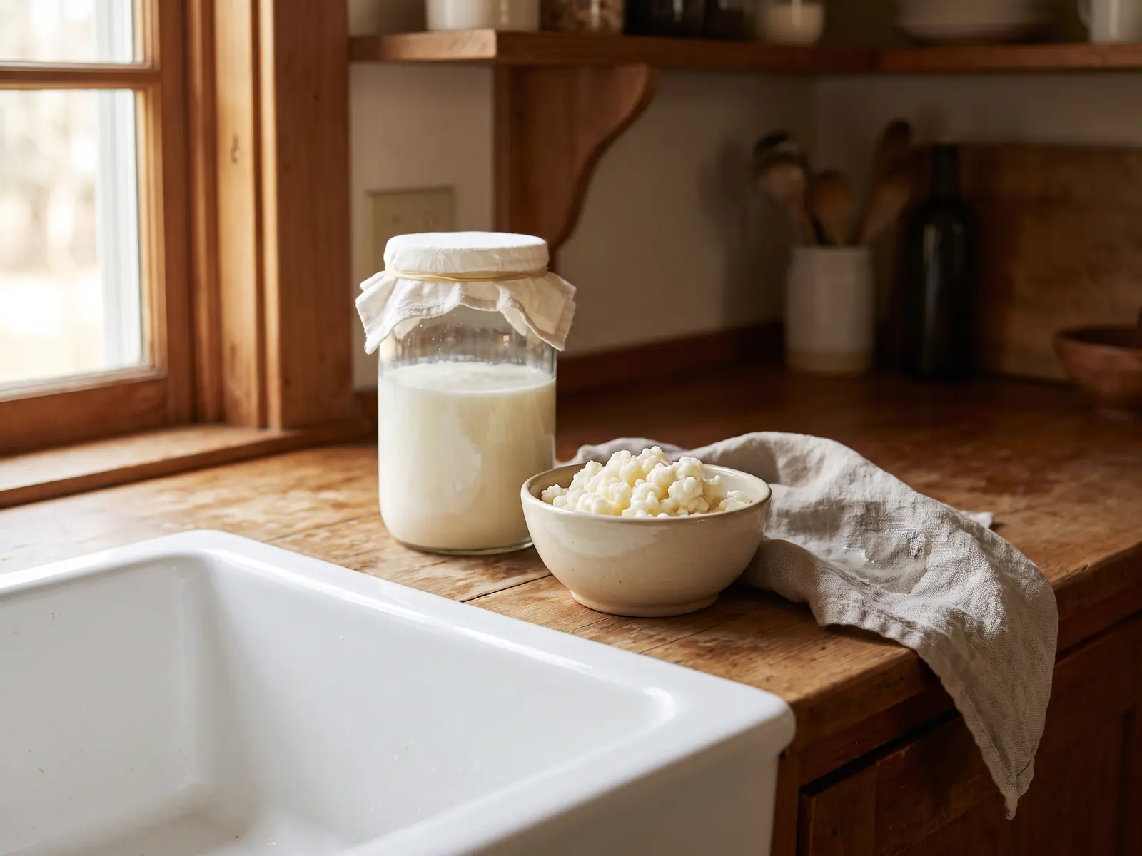 kefir tutti i giorni Barattolo di kefir in fermentazione su lavello in ceramica, con grani in ciotola e panno umido accanto.