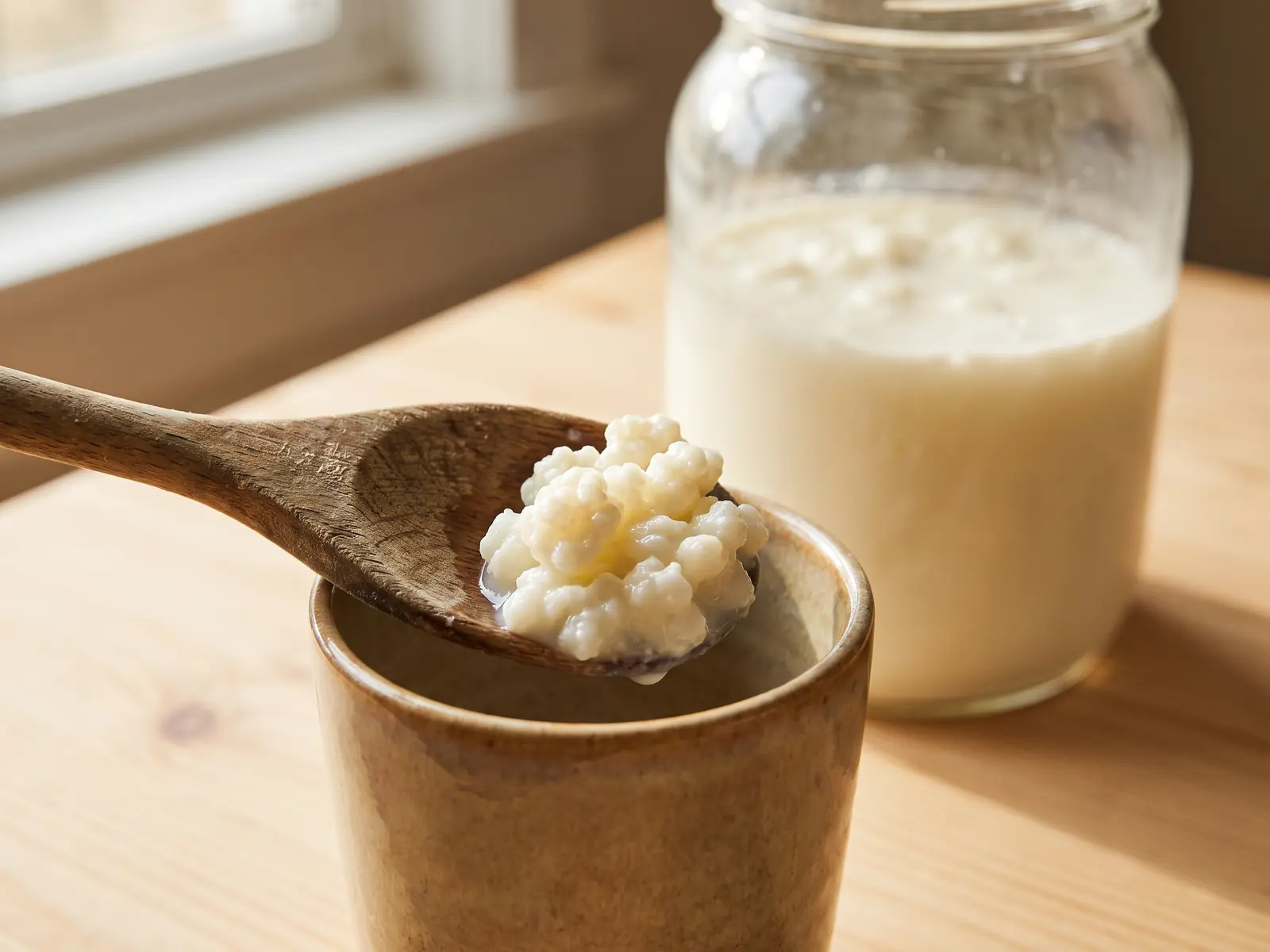 kefir vivo Cucchiaio di legno con granuli di kefir verso una tazza, con barattolo lattiginoso sullo sfondo