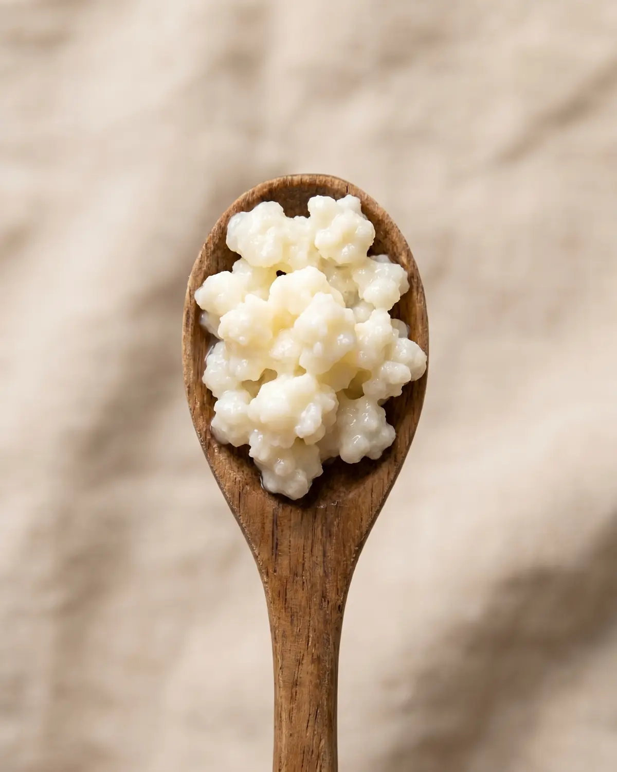 kefir d acqua ricetta Macro verticale di grani di kefir raccolti in un cucchiaio di legno, con consistenza irregolare.