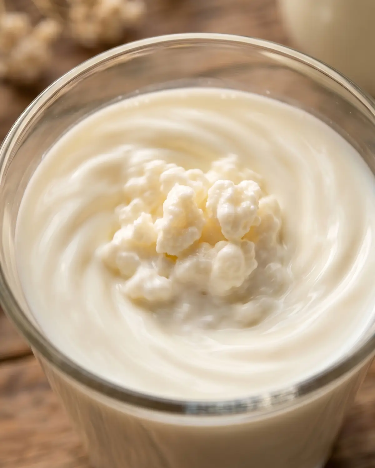 kefir dove si compra Macro di grani irregolari immersi nel latte fresco, con un delicato vortice bianco nel vetro.