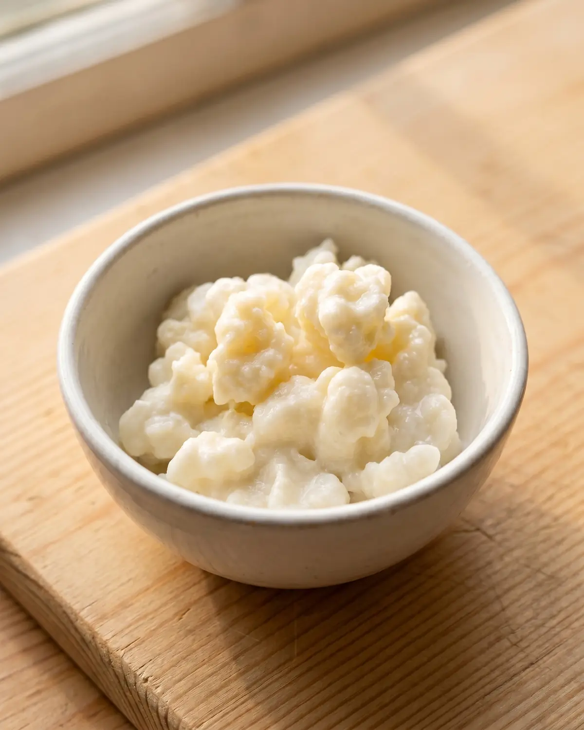 limoni fermentati Primo piano di grani di kefir di latte in una ciotola bianca, con consistenza morbida e irregolare.