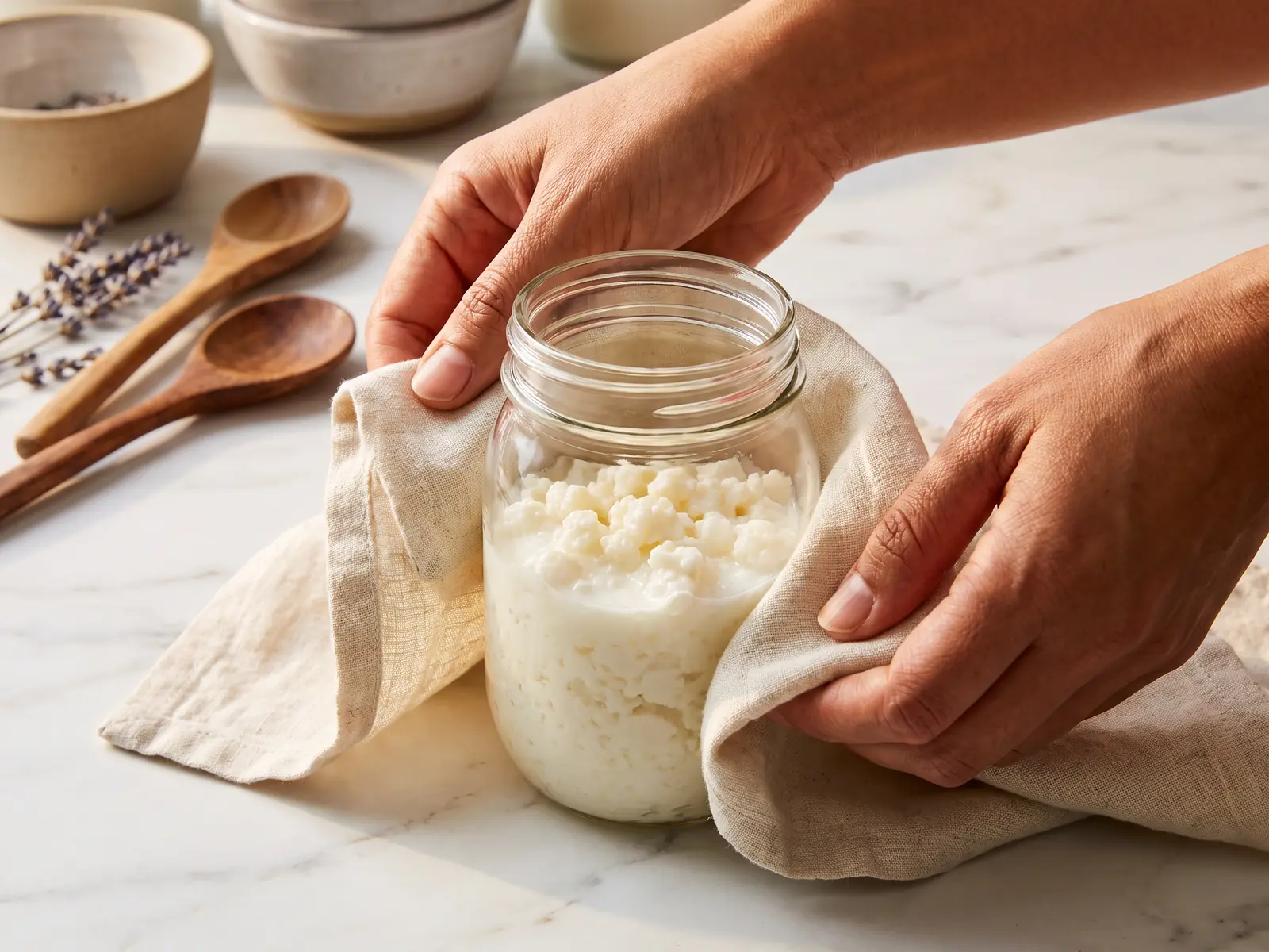 il kefir è naturalmente senza lattosio Due mani avvolgono un barattolo di kefir nel lino su marmo bianco, come un regalo fatto in casa.