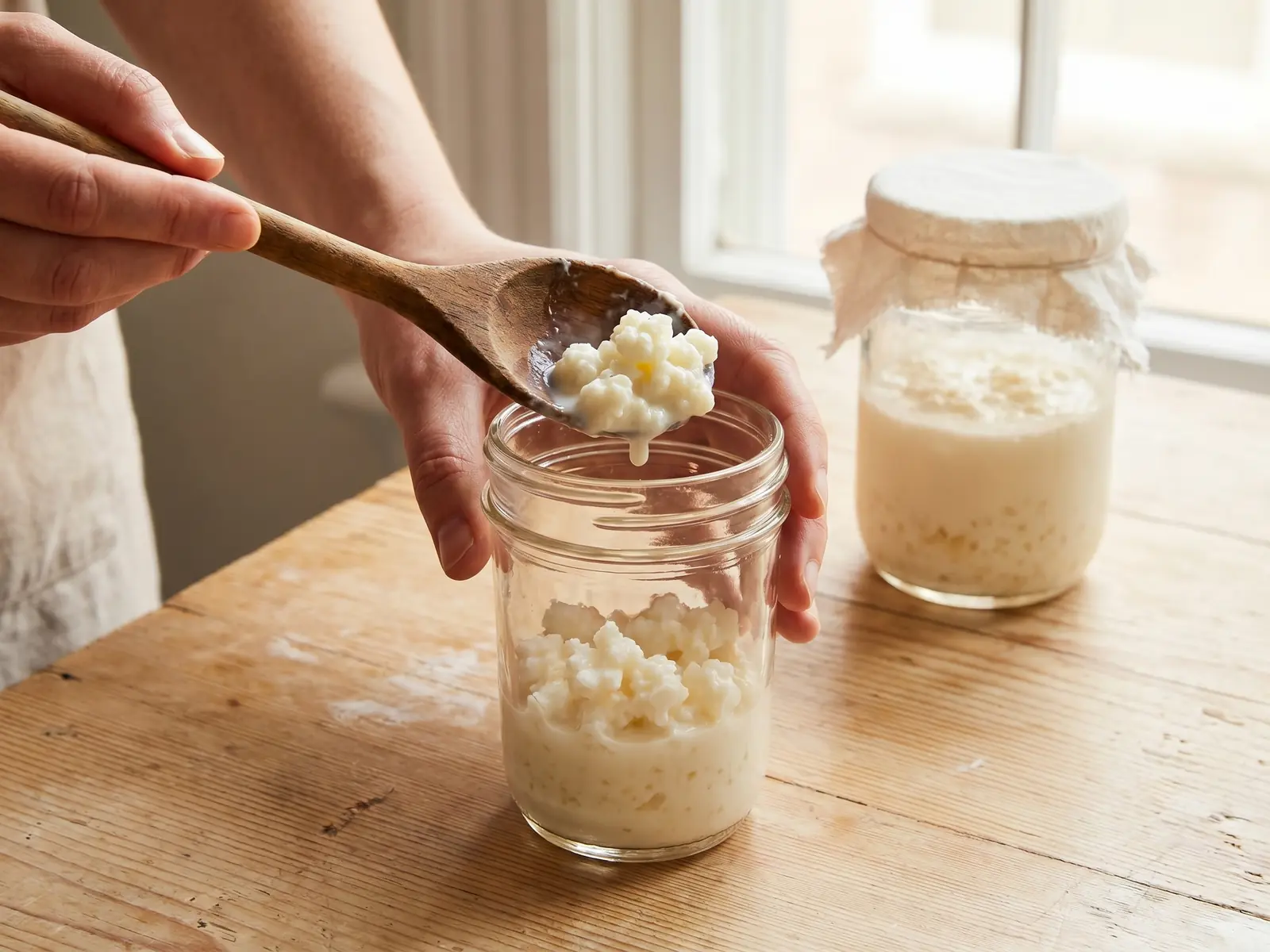 Mano che aggiunge grani di kefir di latte in un barattolo con cucchiaio di legno su pino chiaro