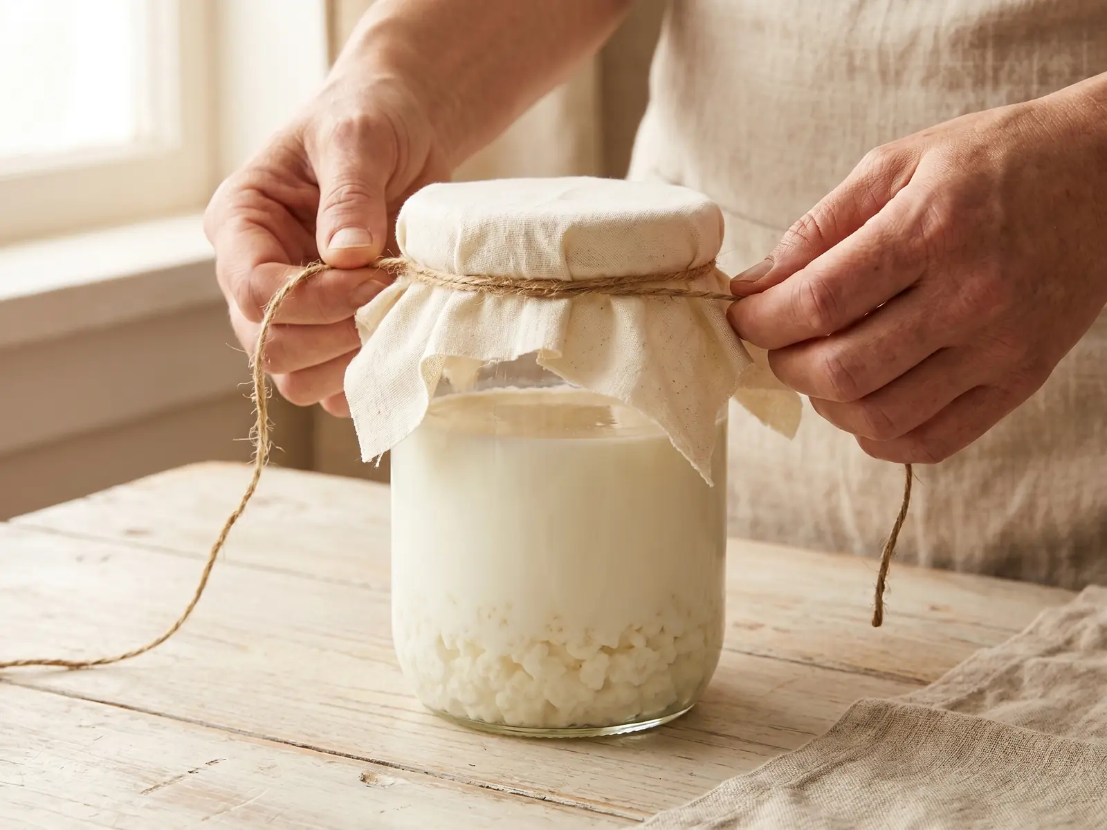 fermento termini imerese Mano che lega un telo di cotone su un barattolo di kefir di latte su un tavolo chiaro.