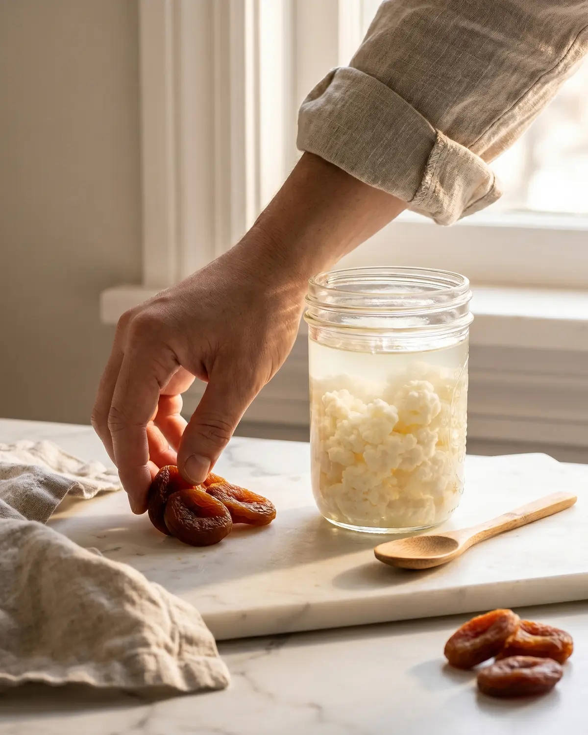 trasformare il kefir d acqua in kefir di latte Mano che dispone albicocche secche accanto a un barattolo di kefir di latte su marmo bianco.