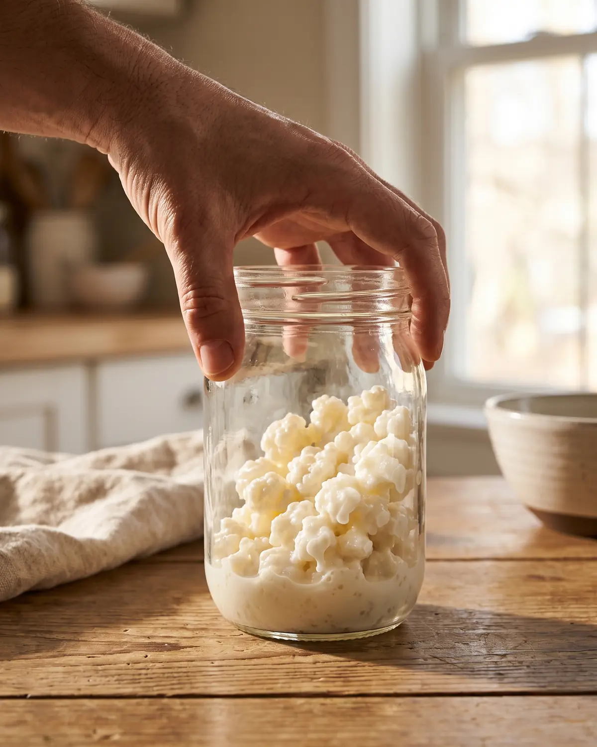 fermenti menu Una mano ruota lentamente un barattolo di vetro con grani di kefir e latte cremoso aderente.