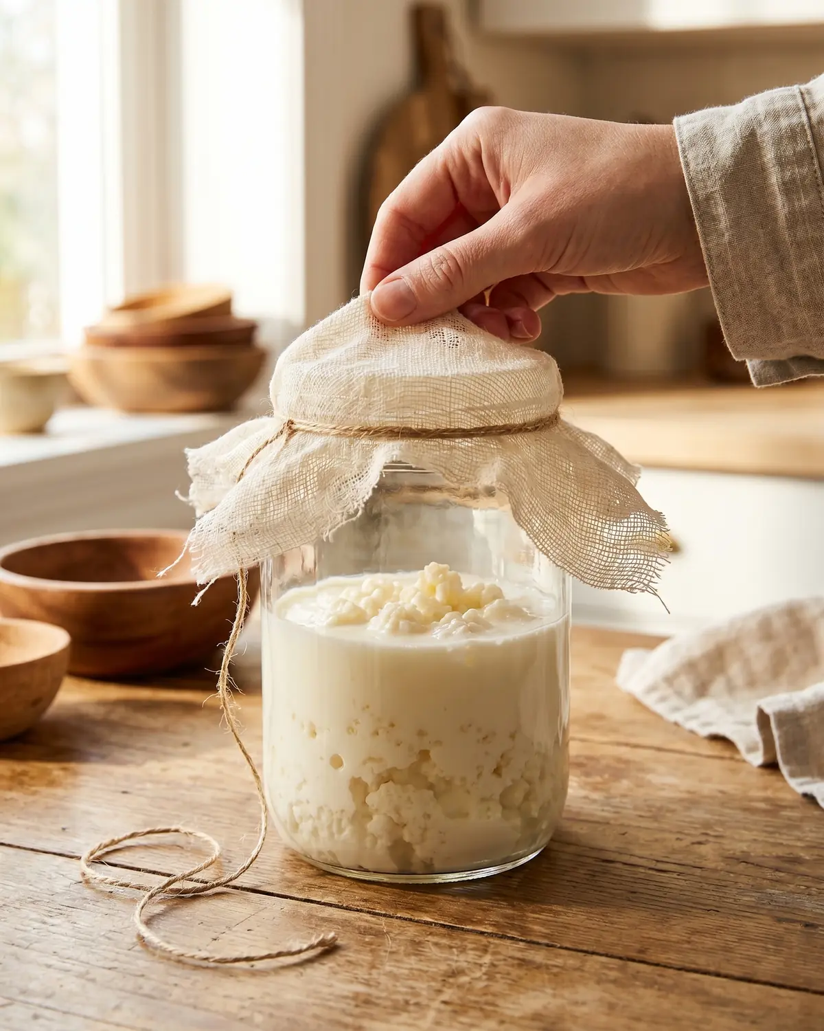 fermenti lattici vivi cosa sono Una mano scopre un barattolo di kefir togliendo il telo, con cordino sciolto e luce naturale del mattino.