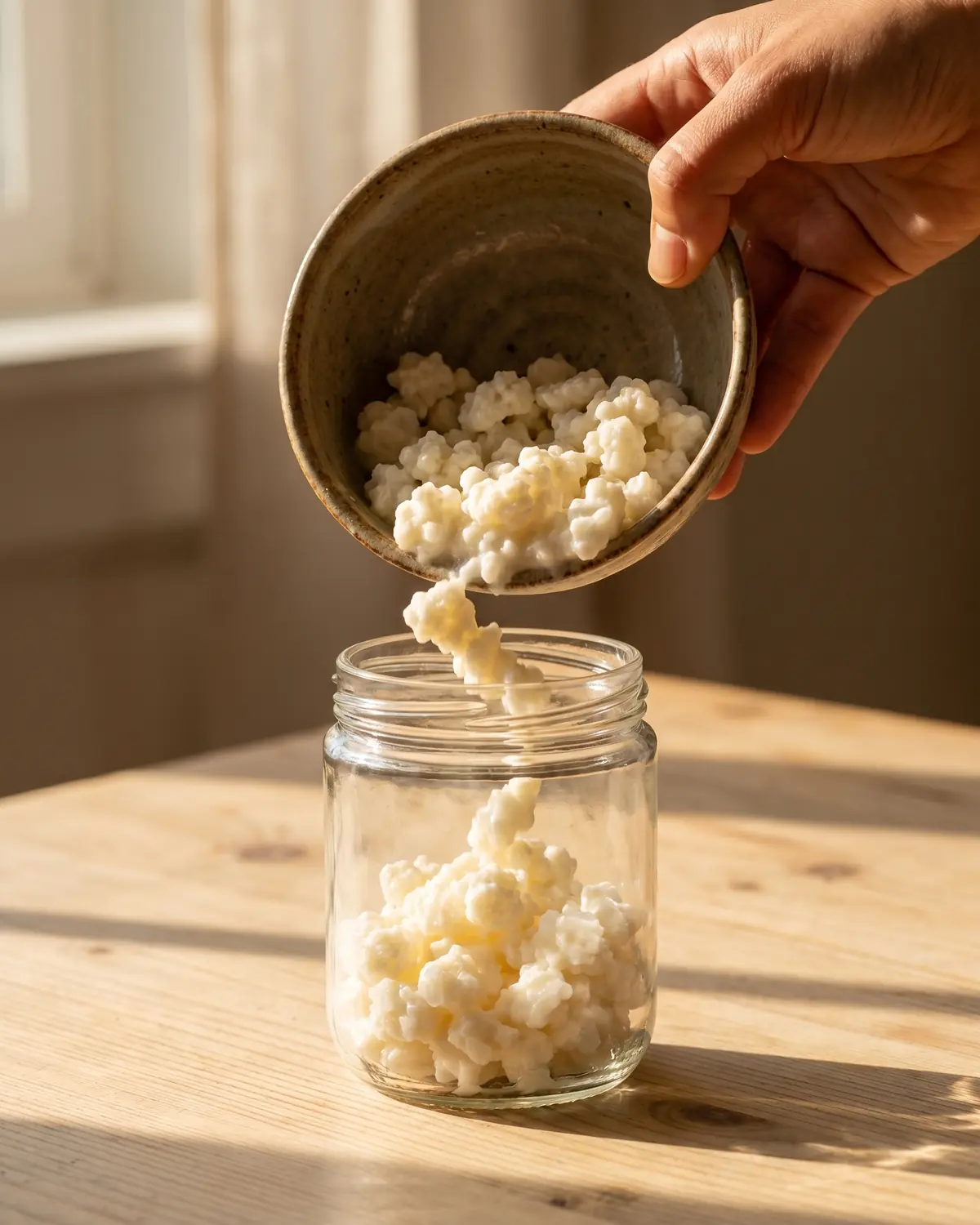 kefir come consumarlo Mano che versa grani di kefir da una ciotola in ceramica verso un barattolo su legno chiaro