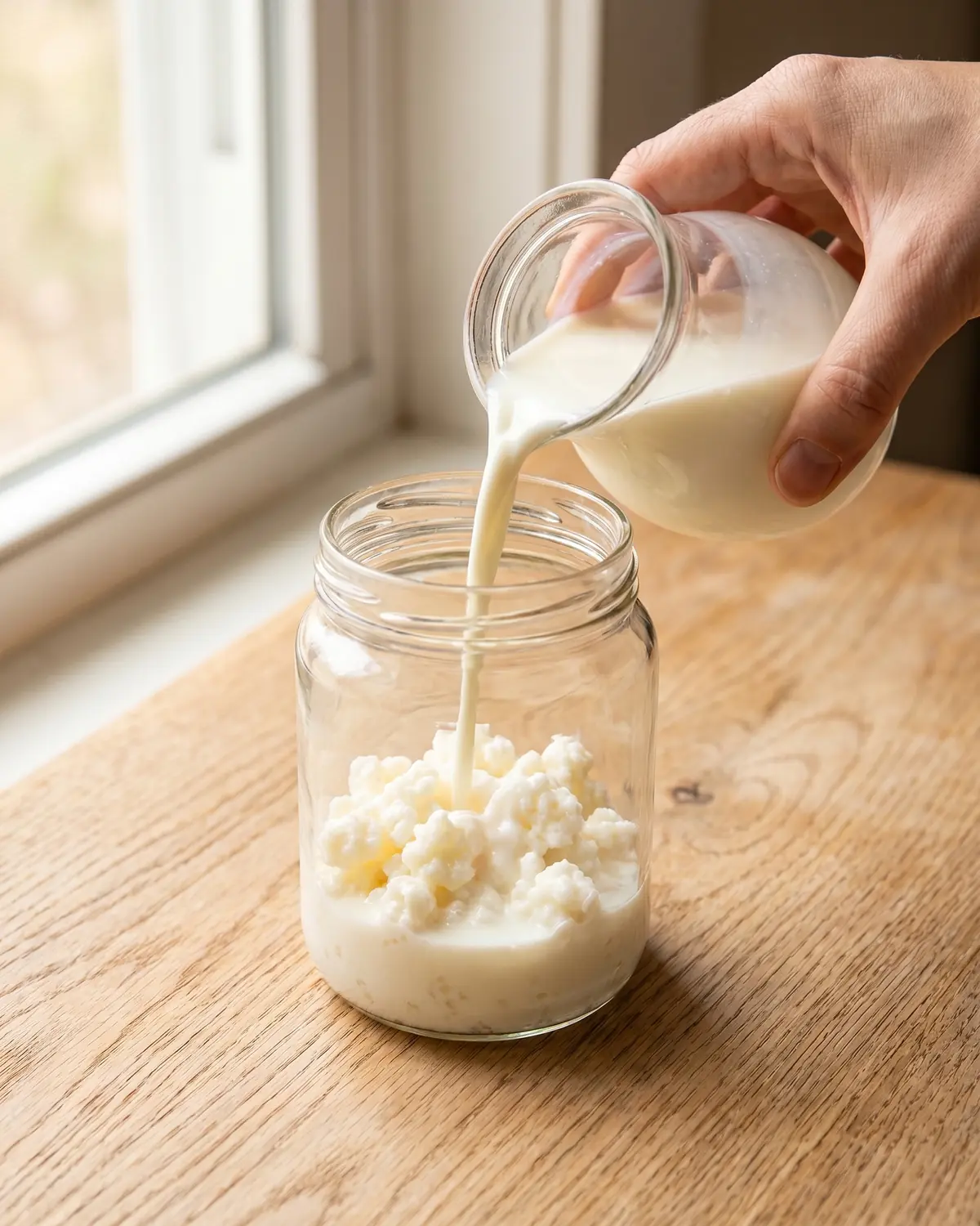 spacciatori di kefir Una mano versa latte fresco in un barattolo di vetro con grani di kefir pronti per la fermentazione