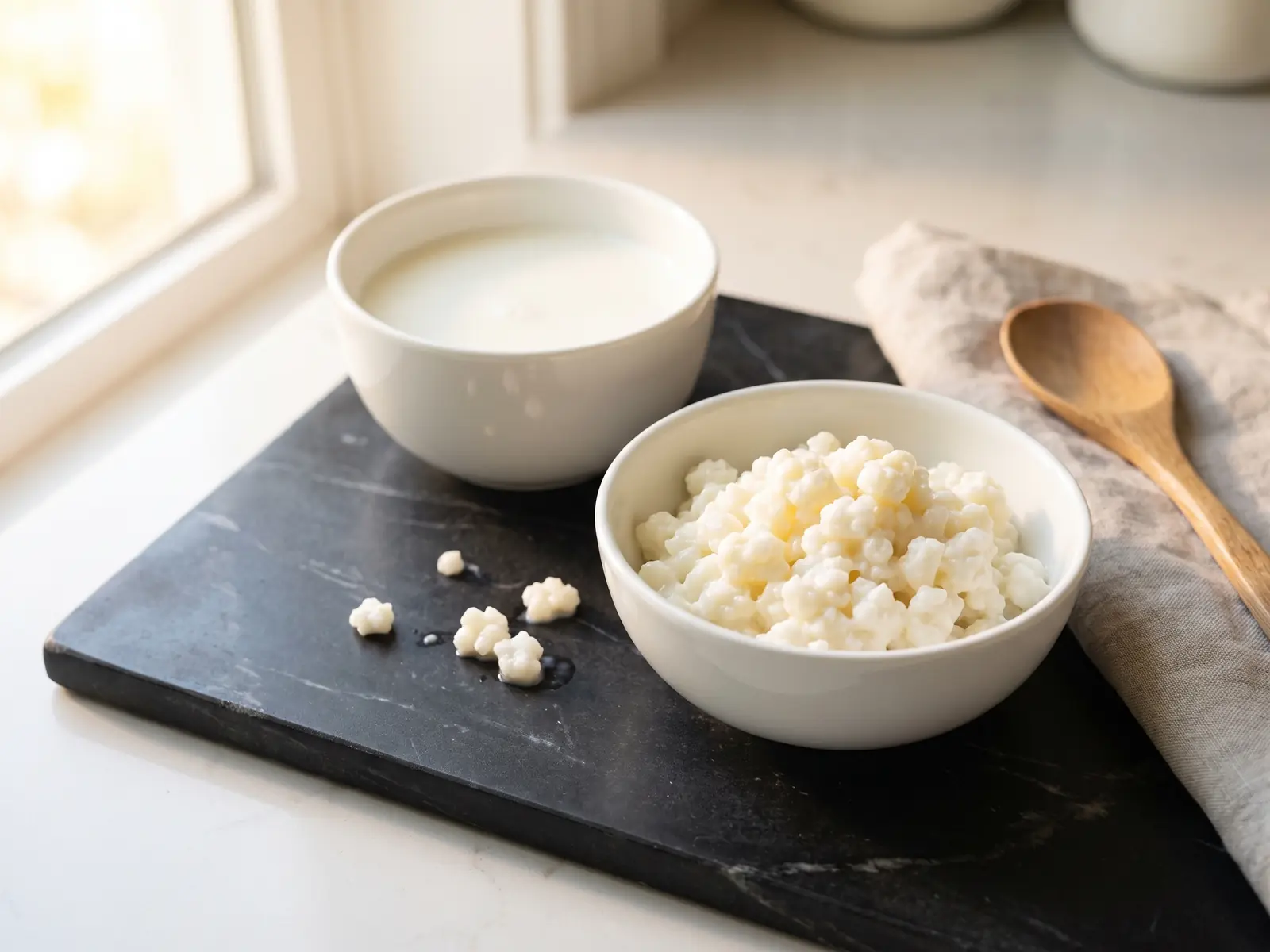 Grani di kefir e latte fresco in ciotole bianche su marmo nero, con luce laterale morbida.