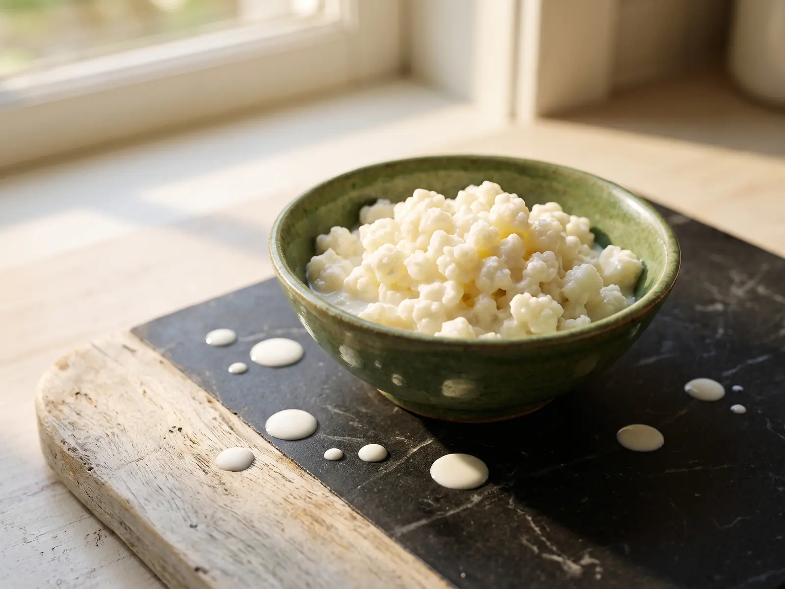 Ciotola verde con granuli di kefir su marmo nero, gocce di latte e dettagli in legno chiaro.