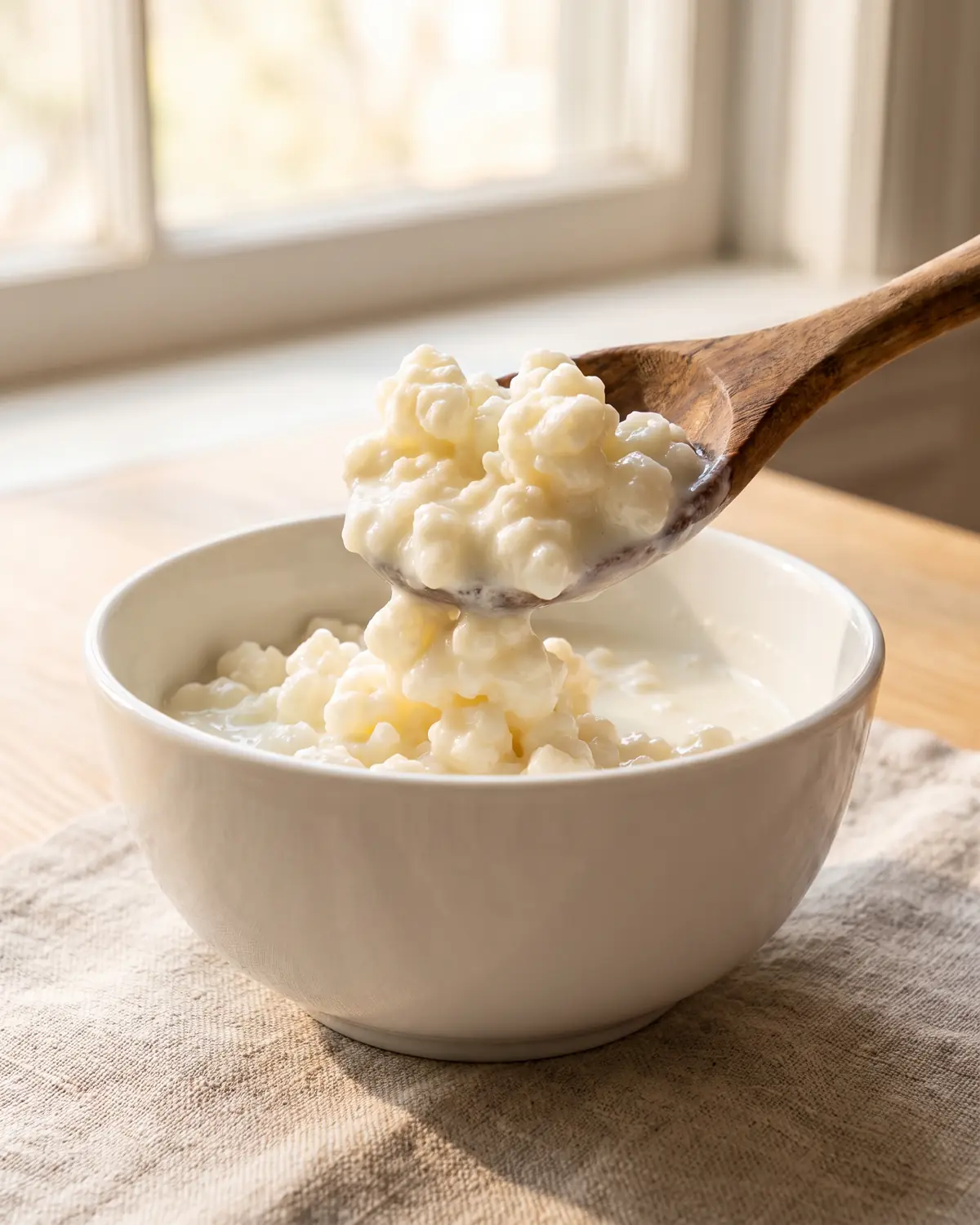 kefir mal di pancia Cucchiaio di legno con granuli di kefir densi sopra una ciotola bianca, lino grezzo e luce calda.
