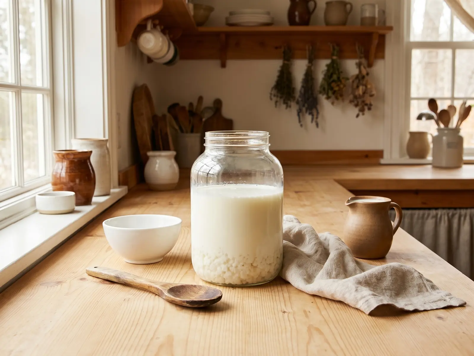 kefir con latte vegetale Barattolo di kefir in cucina con ciotola, cucchiaio e caraffa di latte fresco su un piano chiaro