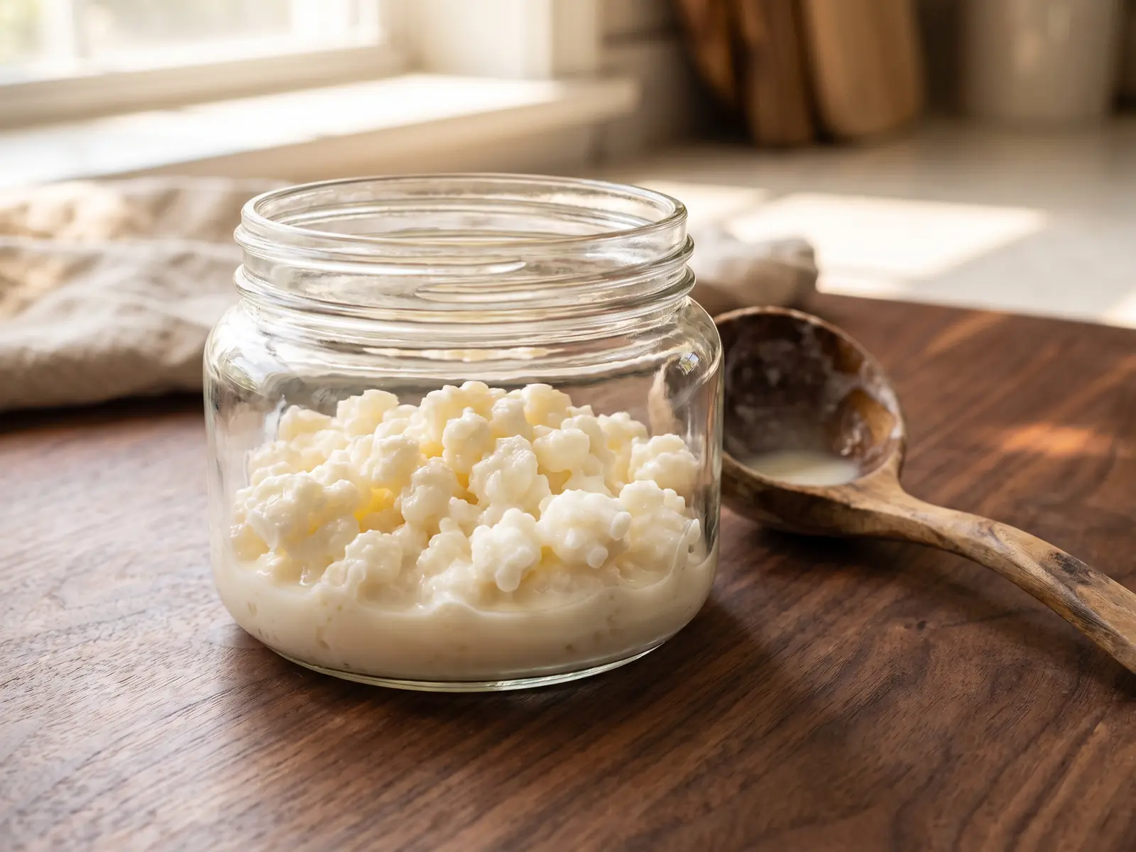 Barattolo di kefir di latte con grani visibili su noce scuro e riflessi di persiana.