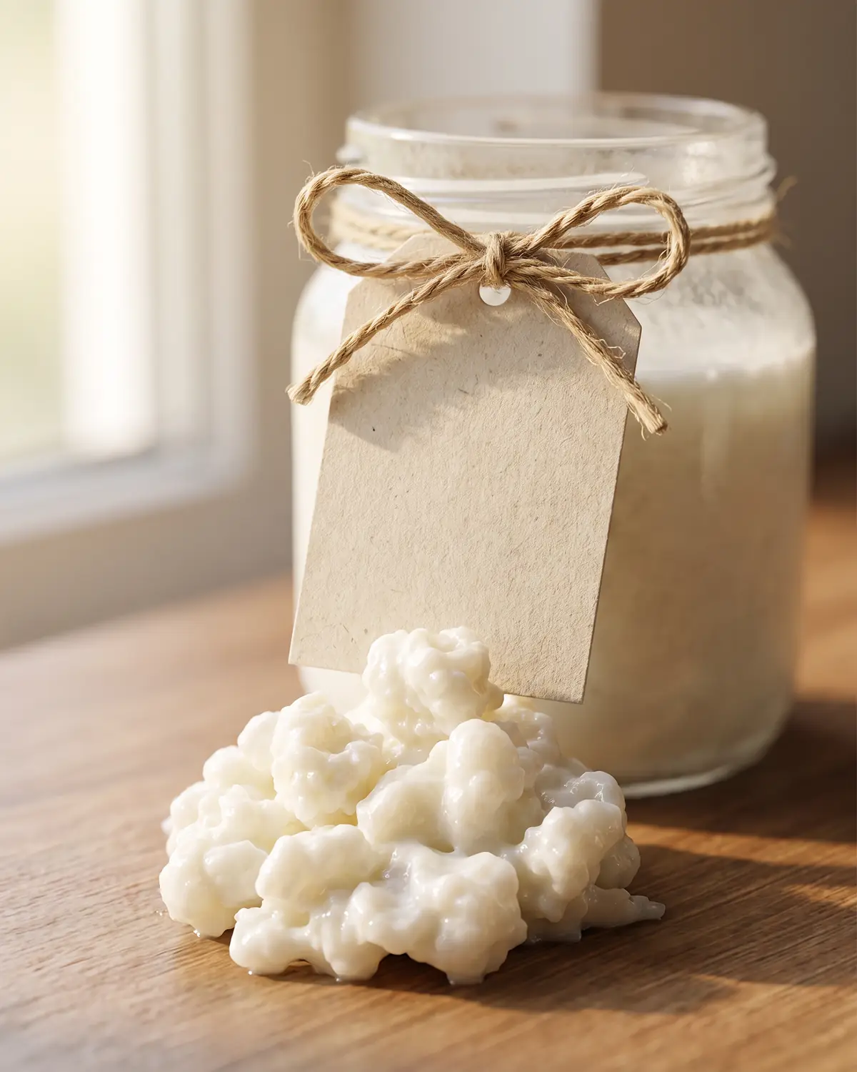 Barattolo di kefir di latte sullo sfondo con etichetta vuota e nodo di spago in primo piano.