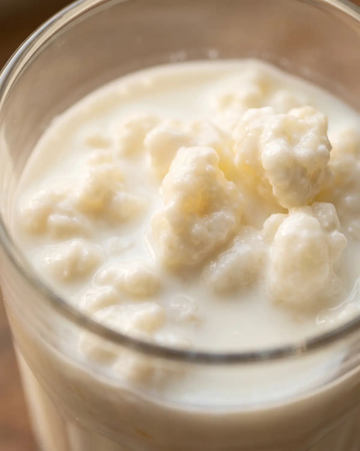 il kefir è lassativo Nuvole di latte avvolgono grani di kefir appena immersi in un barattolo di vetro visto da vicino