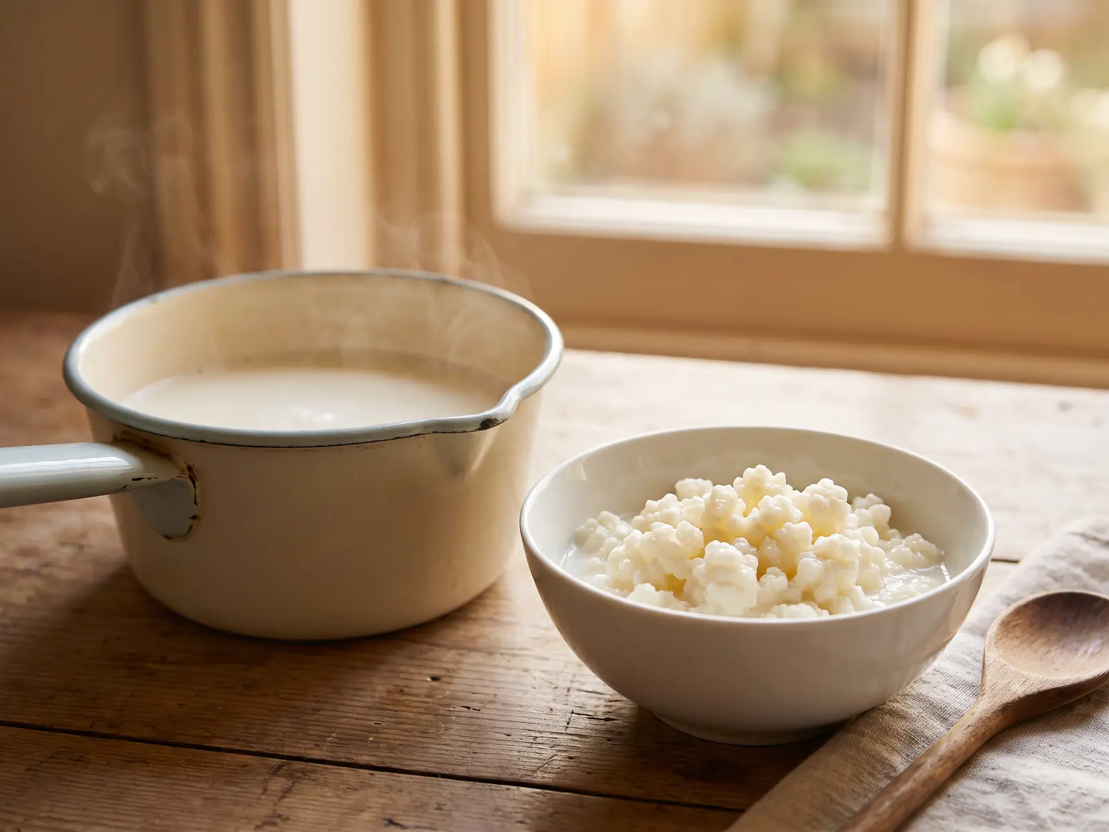 Pentolino smaltato con latte tiepido, granuli di kefir in una ciotola bianca e luce calda alla finestra